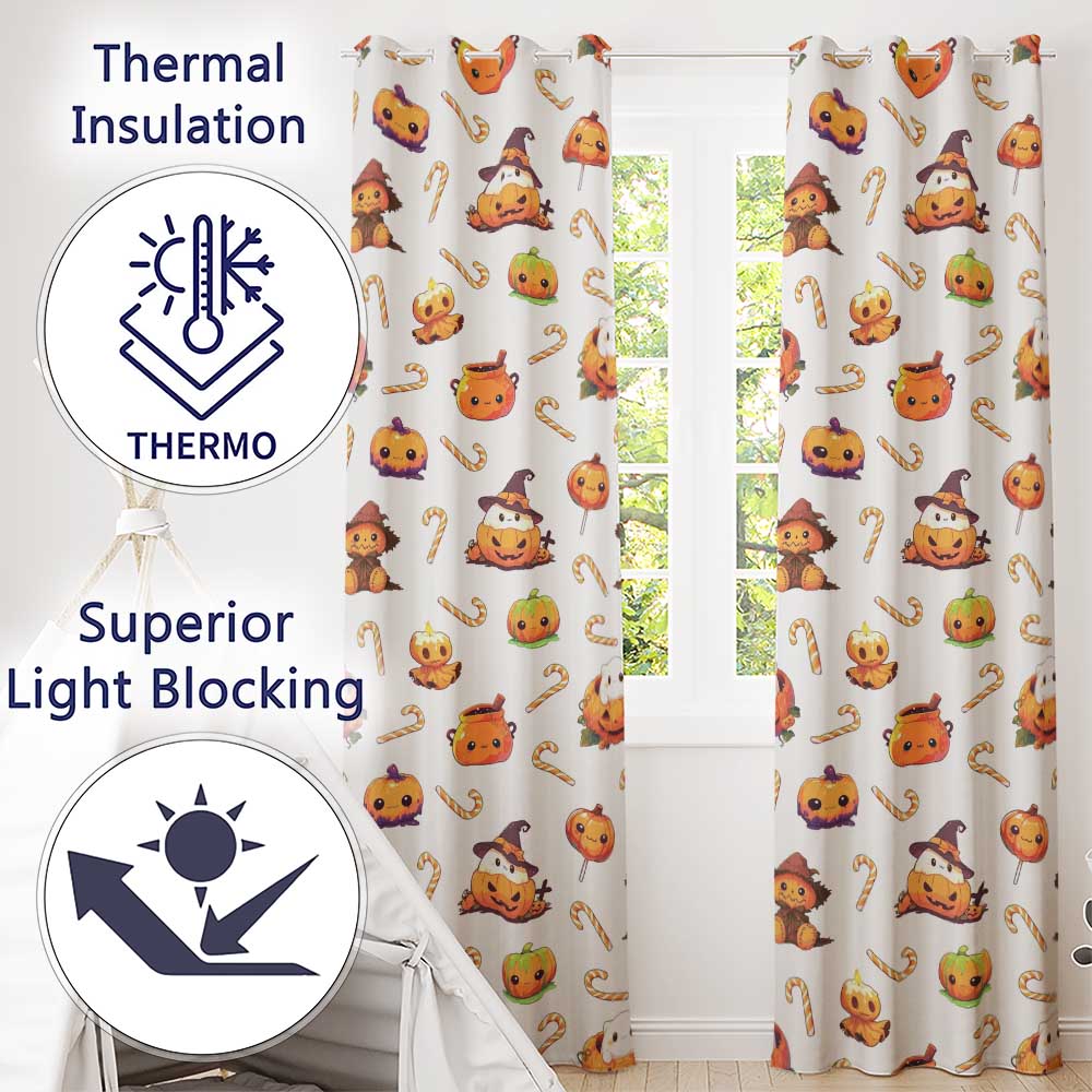 Cute Halloween Pumpkin Candy Cartoon Seamless Pattern Readymade Eyelet Ring Top Thermal 100% Blackout Curtains