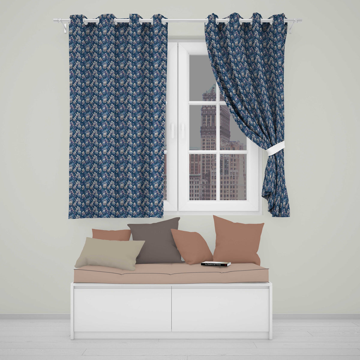 Vintage Blue Floral Garden Seamless Pattern Classic Botanical Style Readymade Eyelet Ring Top Thermal 100% Blackout Curtains