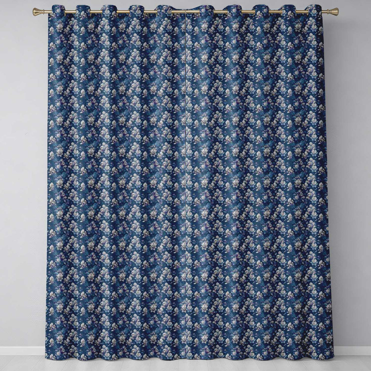 Vintage Blue Floral Garden Seamless Pattern Classic Botanical Style Readymade Eyelet Ring Top Thermal 100% Blackout Curtains