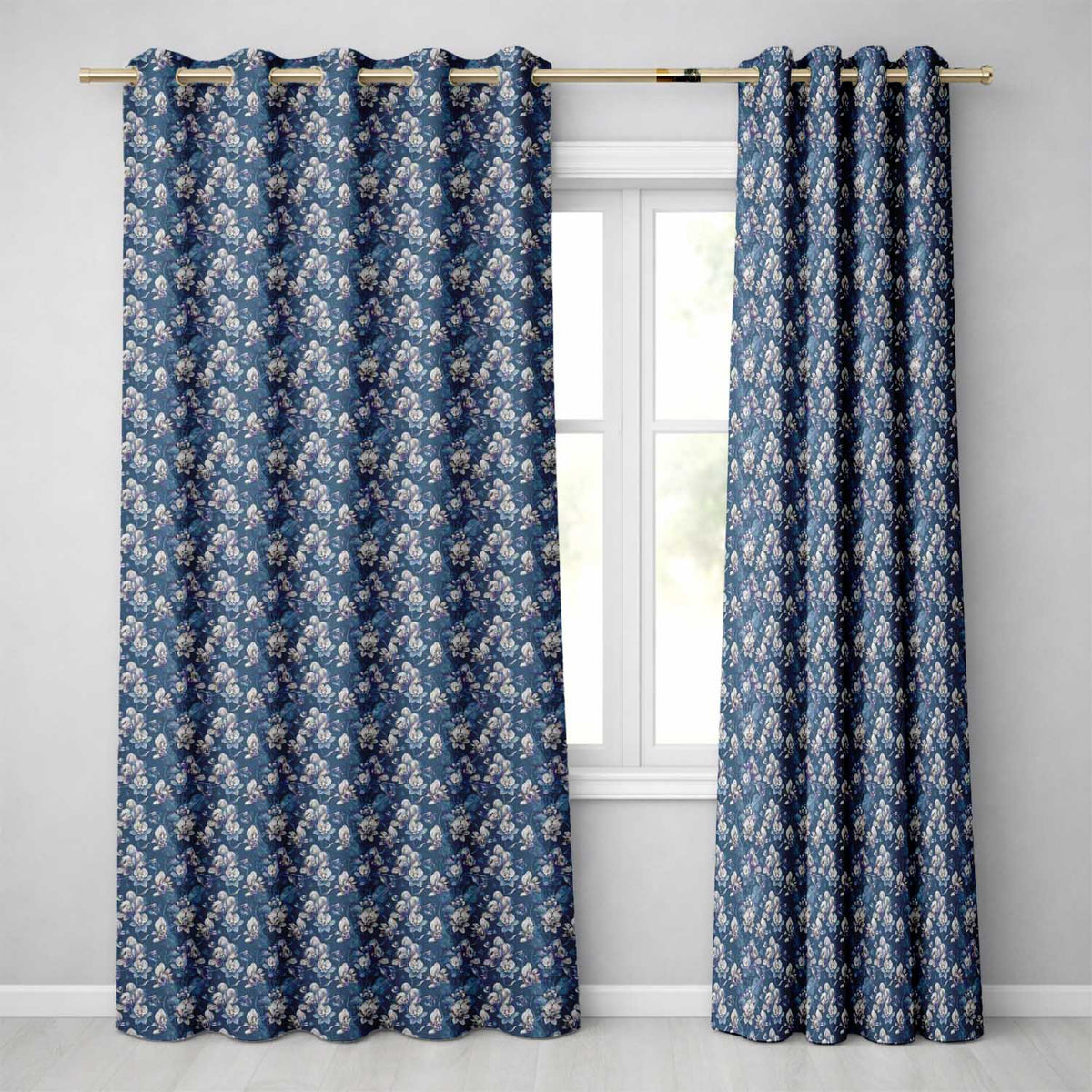 Vintage Blue Floral Garden Seamless Pattern Classic Botanical Style Readymade Eyelet Ring Top Thermal 100% Blackout Curtains
