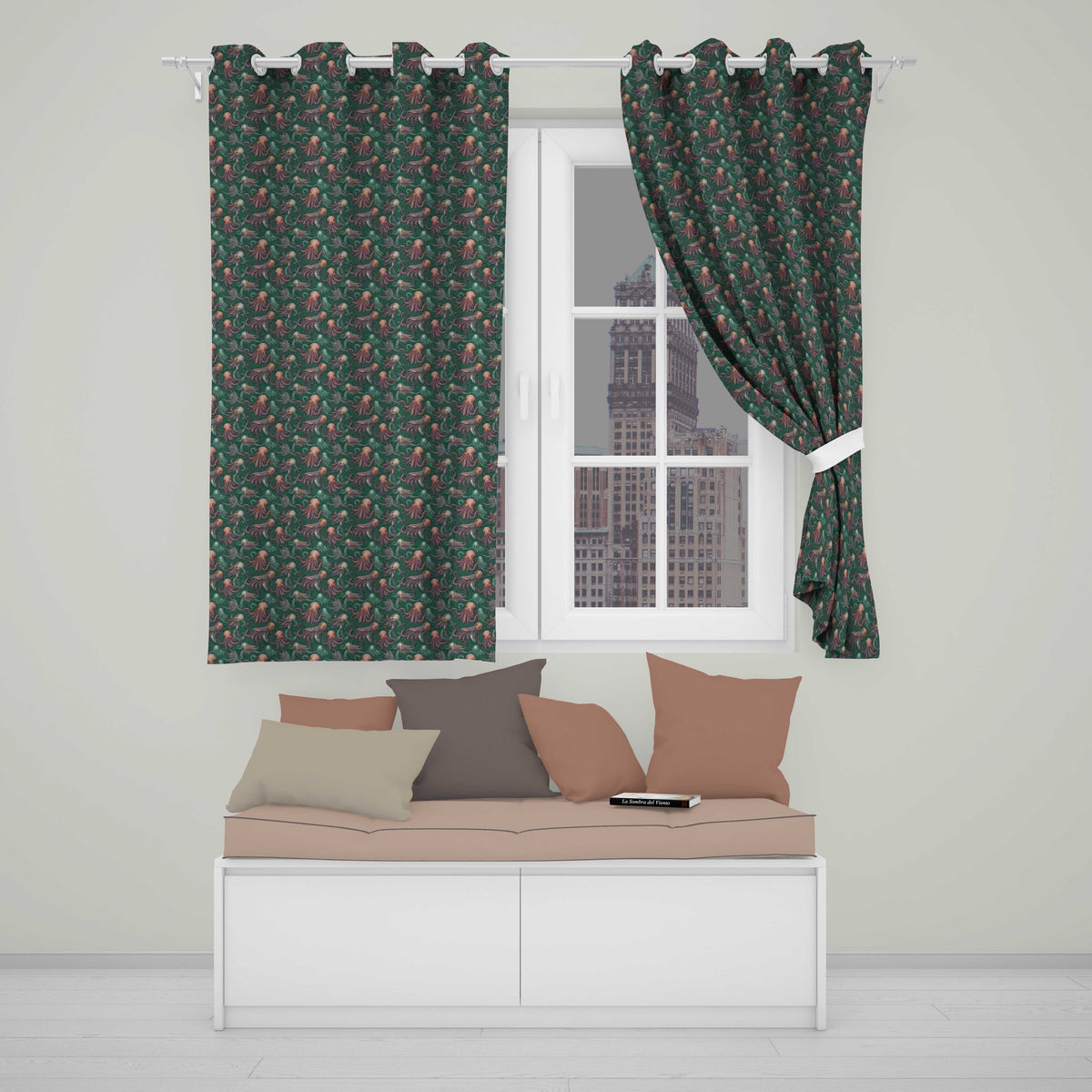 Detailed Octopus Illustration Seamless Pattern Dark Ocean Theme Readymade Eyelet Ring Top Thermal 100% Blackout Curtains