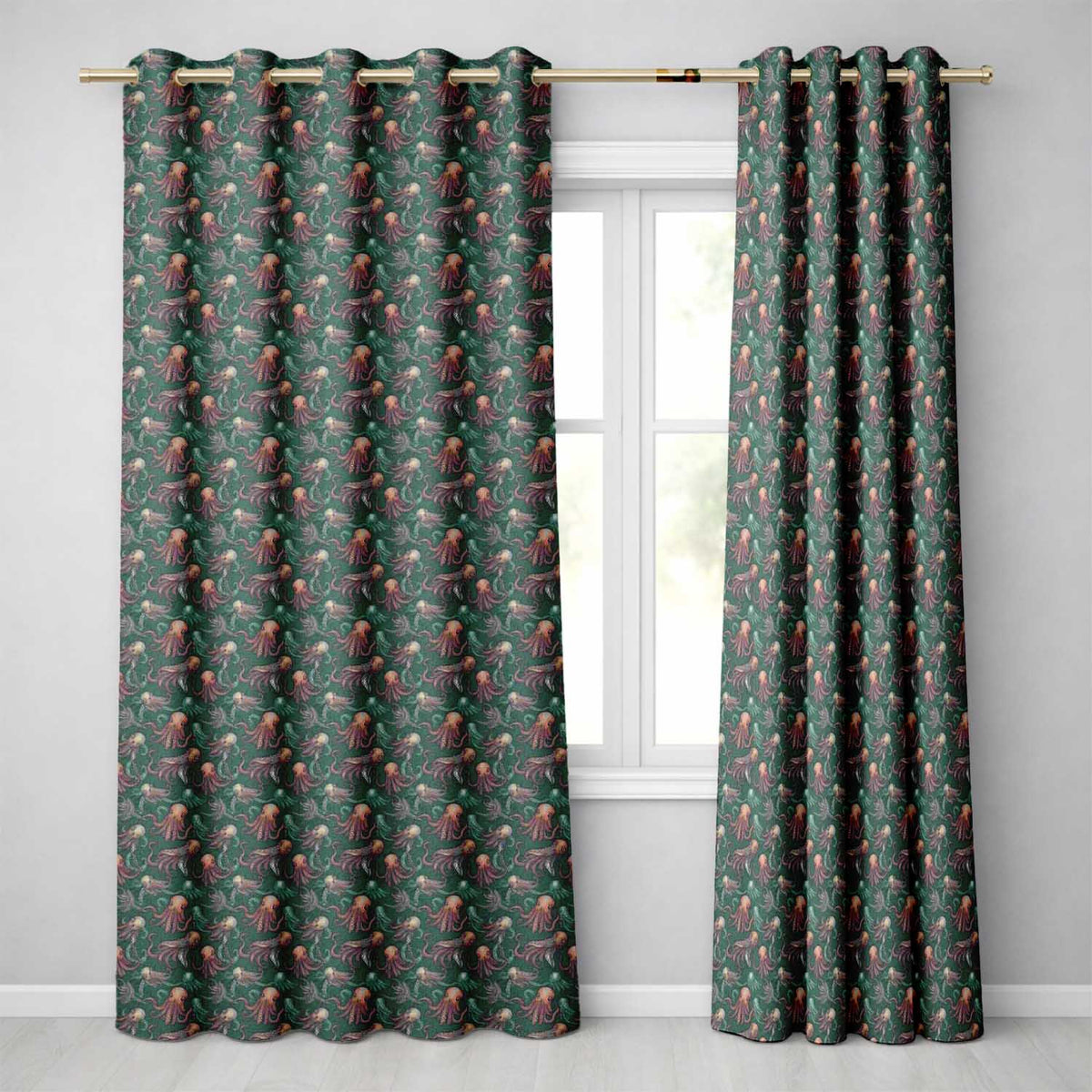 Detailed Octopus Illustration Seamless Pattern Dark Ocean Theme Readymade Eyelet Ring Top Thermal 100% Blackout Curtains