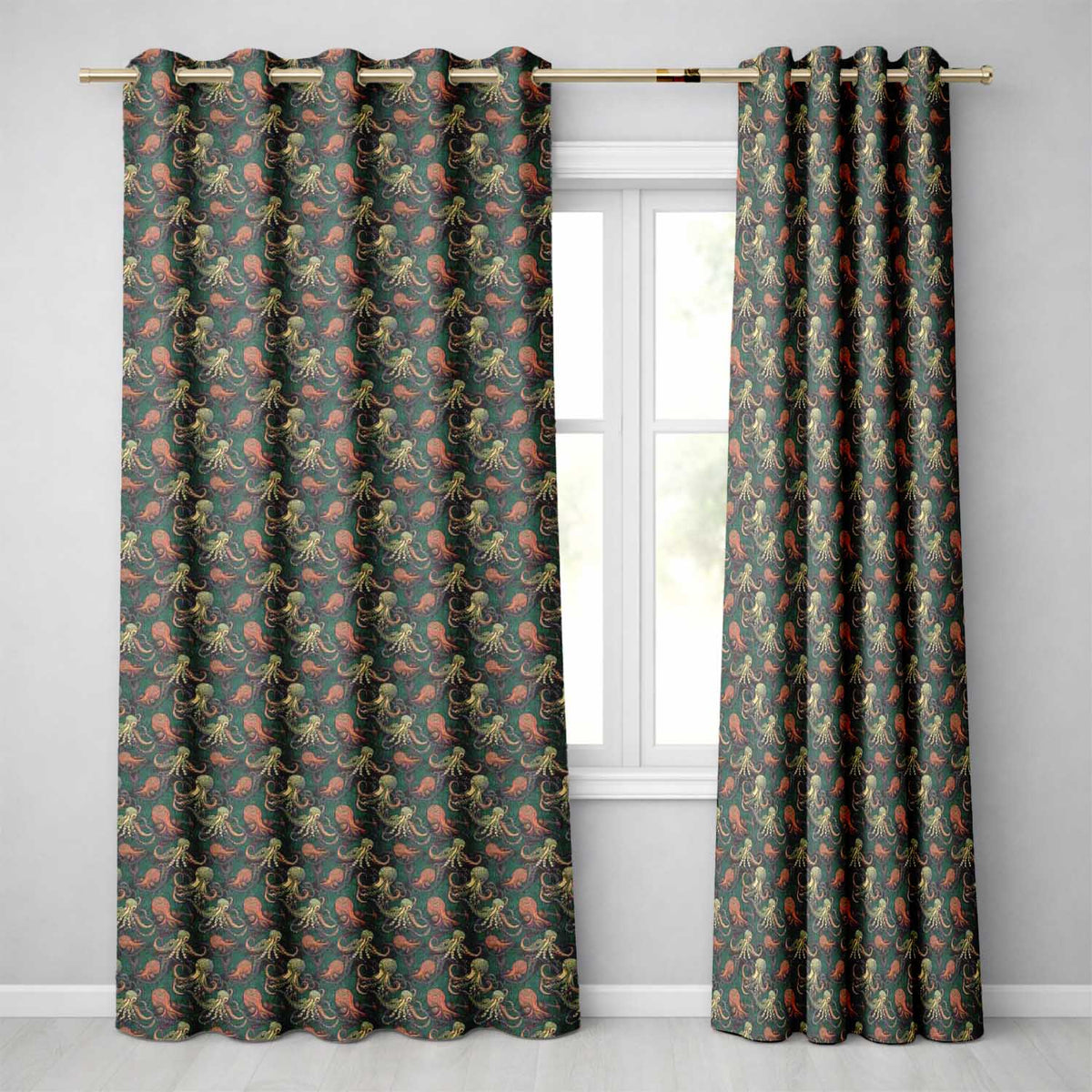 Decorative Octopus Marine Seamless Pattern Detailed Ocean Life Artwork Readymade Eyelet Ring Top Thermal 100% Blackout Curtains