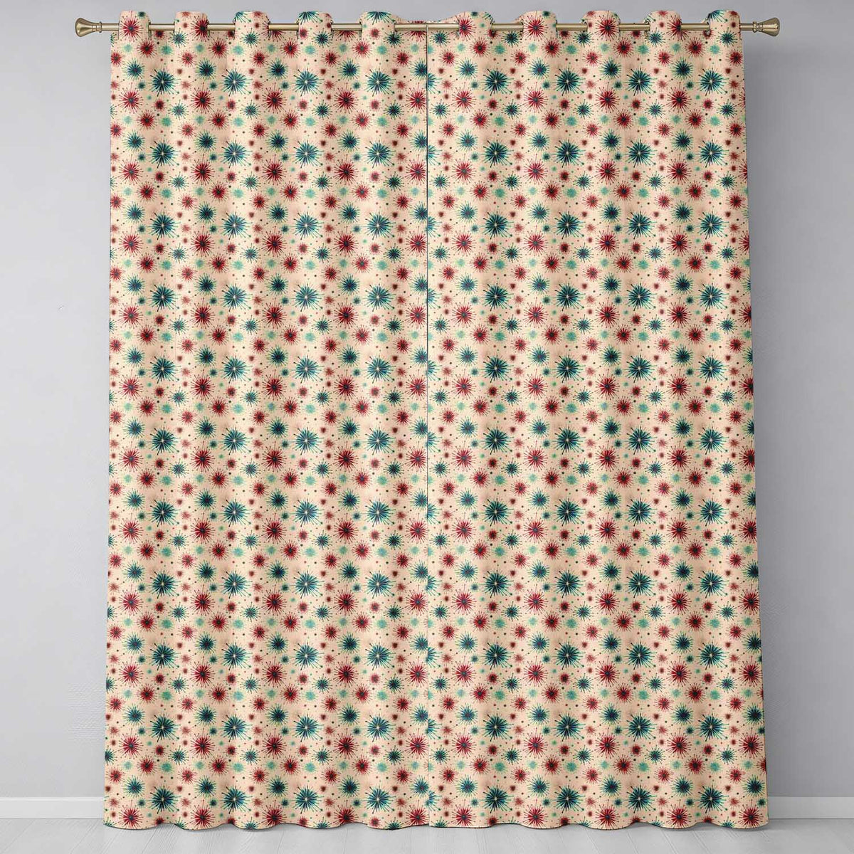 Red Blue Starburst Seamless Pattern Vintage Firework Style Design Readymade Eyelet Ring Top Thermal 100% Blackout Curtains