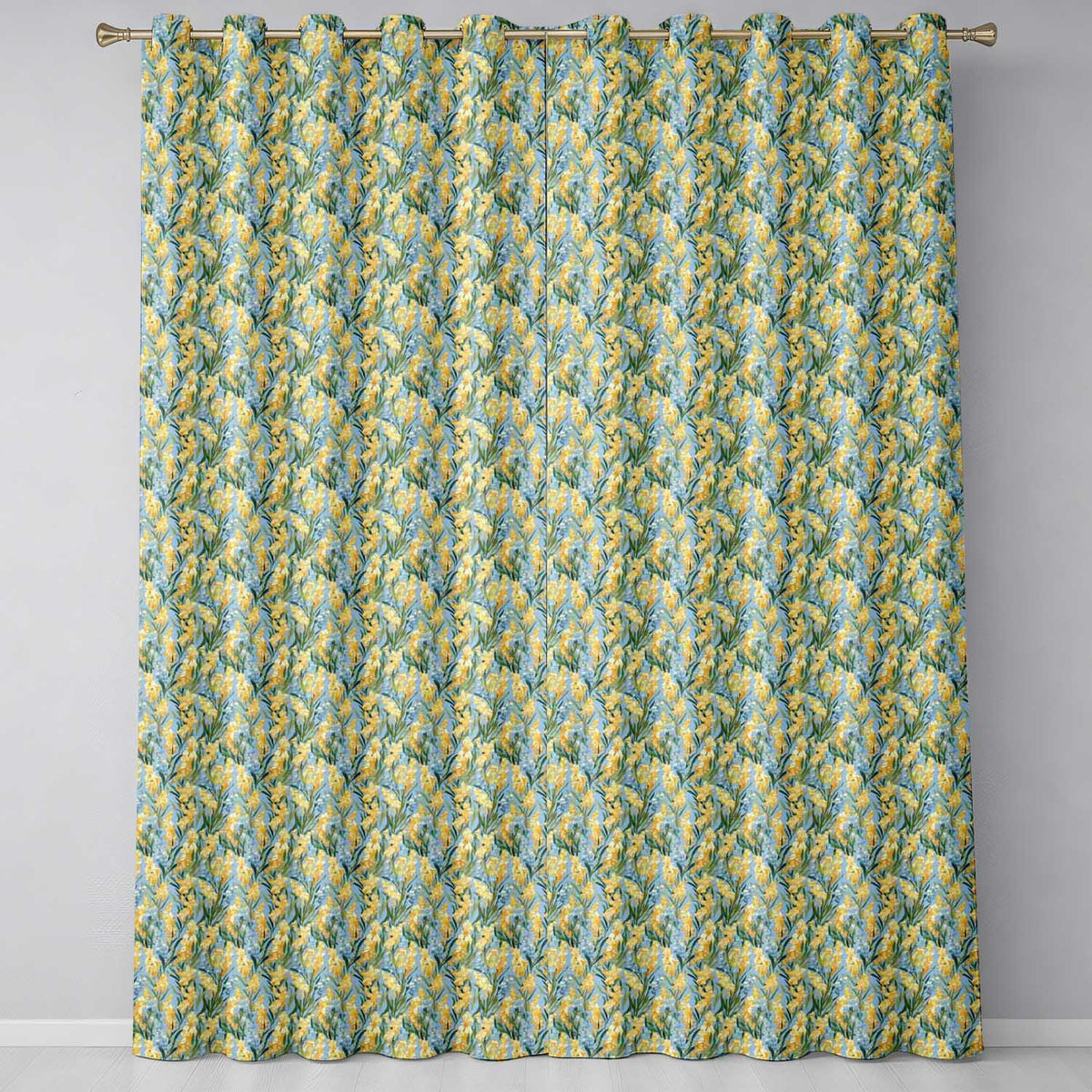 Yellow Garden Flowers Blue Background Seamless Botanical Pattern Readymade Eyelet Ring Top Thermal 100% Blackout Curtains