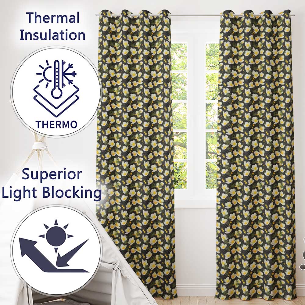 White Buttercup Flowers Dark Green Botanical Seamless Pattern Elegant Readymade Eyelet Ring Top Thermal 100% Blackout Curtains