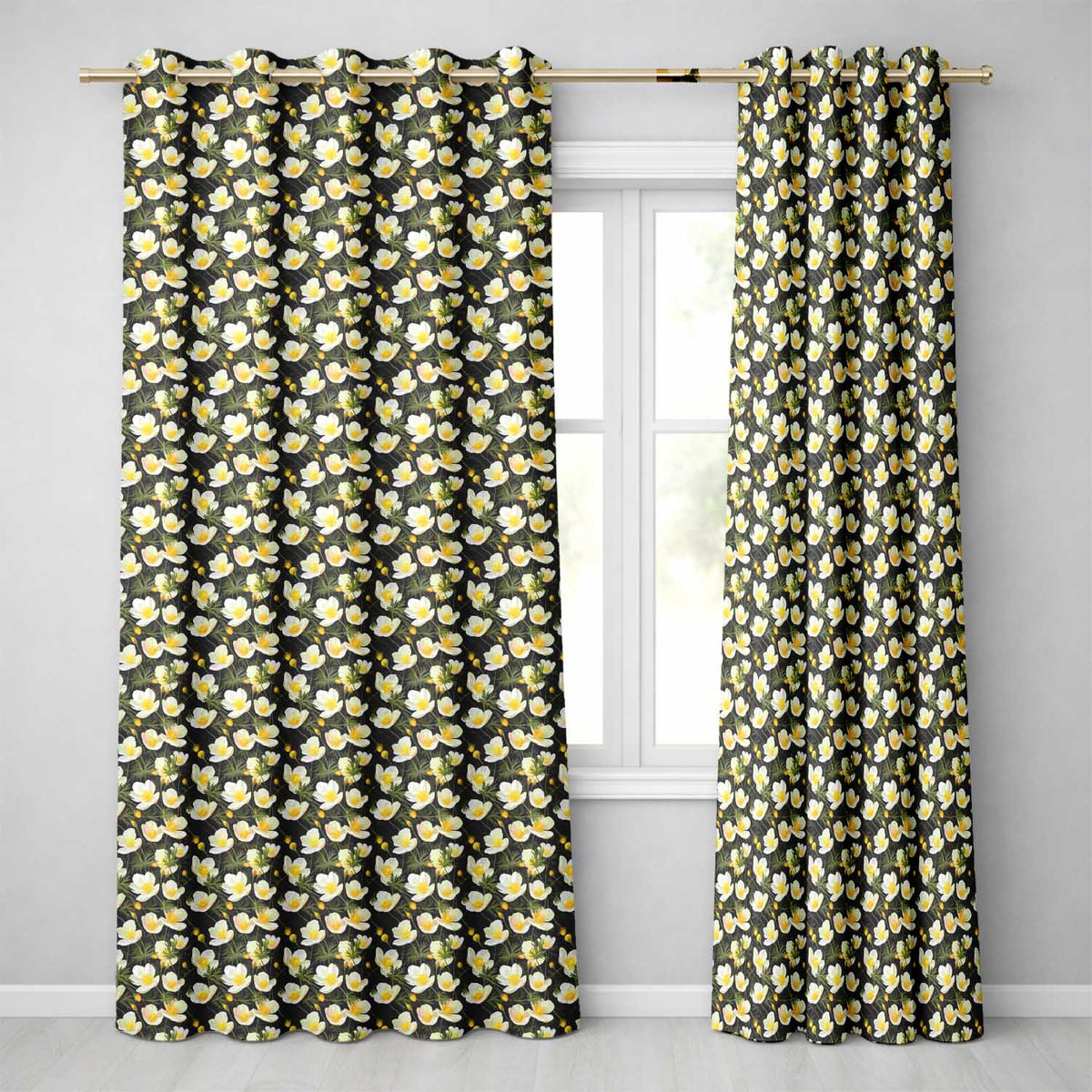 White Buttercup Flowers Dark Green Botanical Seamless Pattern Elegant Readymade Eyelet Ring Top Thermal 100% Blackout Curtains