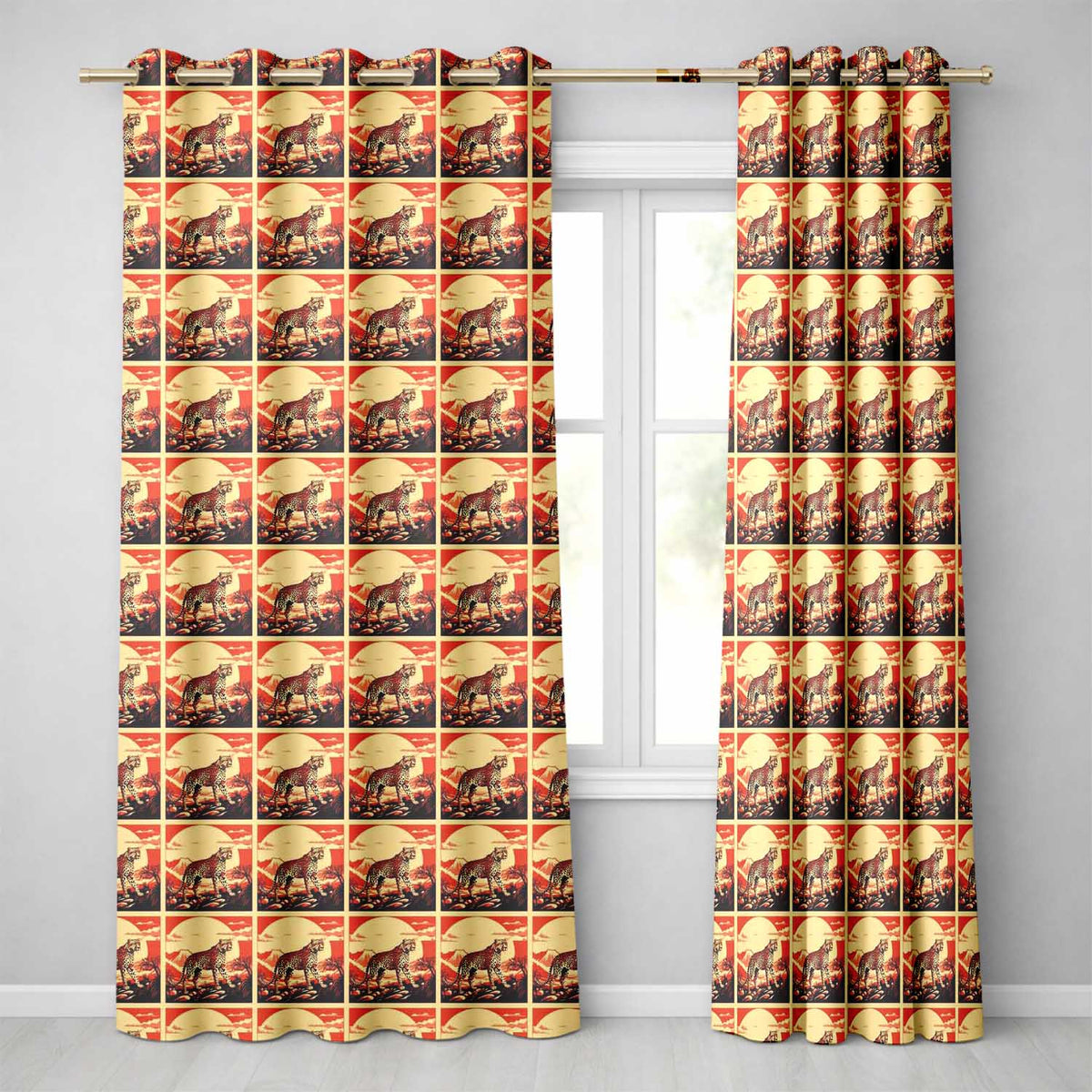 Cheetah Landscape Red Sunset Scenic Seamless Pattern Wildlife Art Readymade Eyelet Ring Top Thermal 100% Blackout Curtains