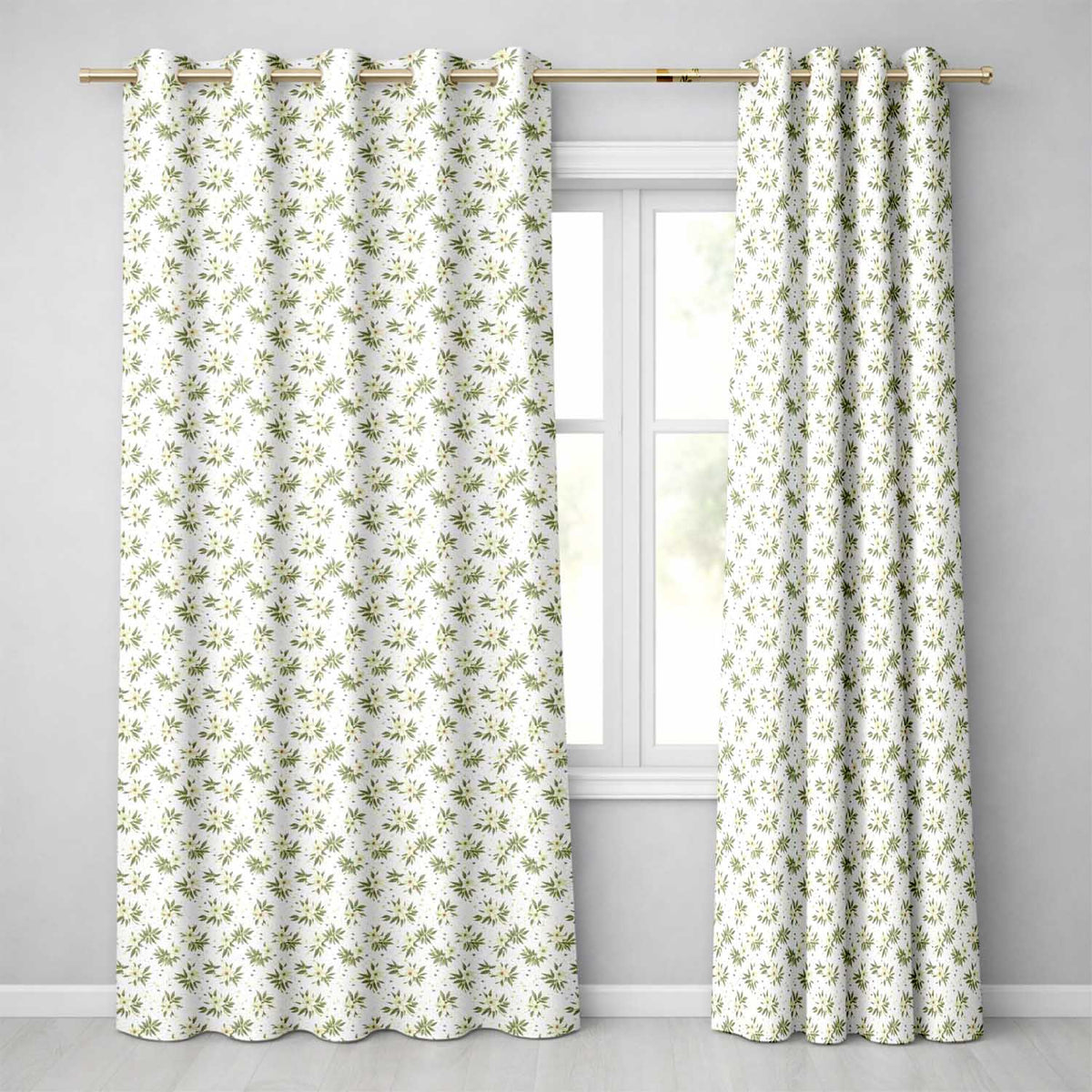 Soft White Floral Sprigs Cream Background Seamless Pattern Elegant Botanical Readymade Eyelet Ring Top Thermal 100% Blackout Curtains