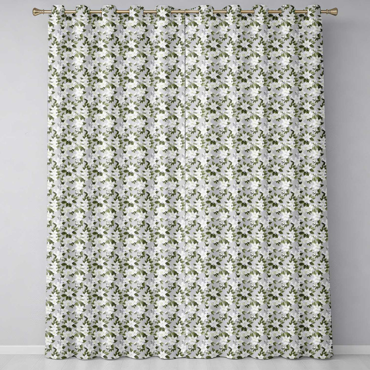 White Jasmine Flowers on Sage Green Seamless Pattern Delicate Botanical Design Readymade Eyelet Ring Top Thermal 100% Blackout Curtains