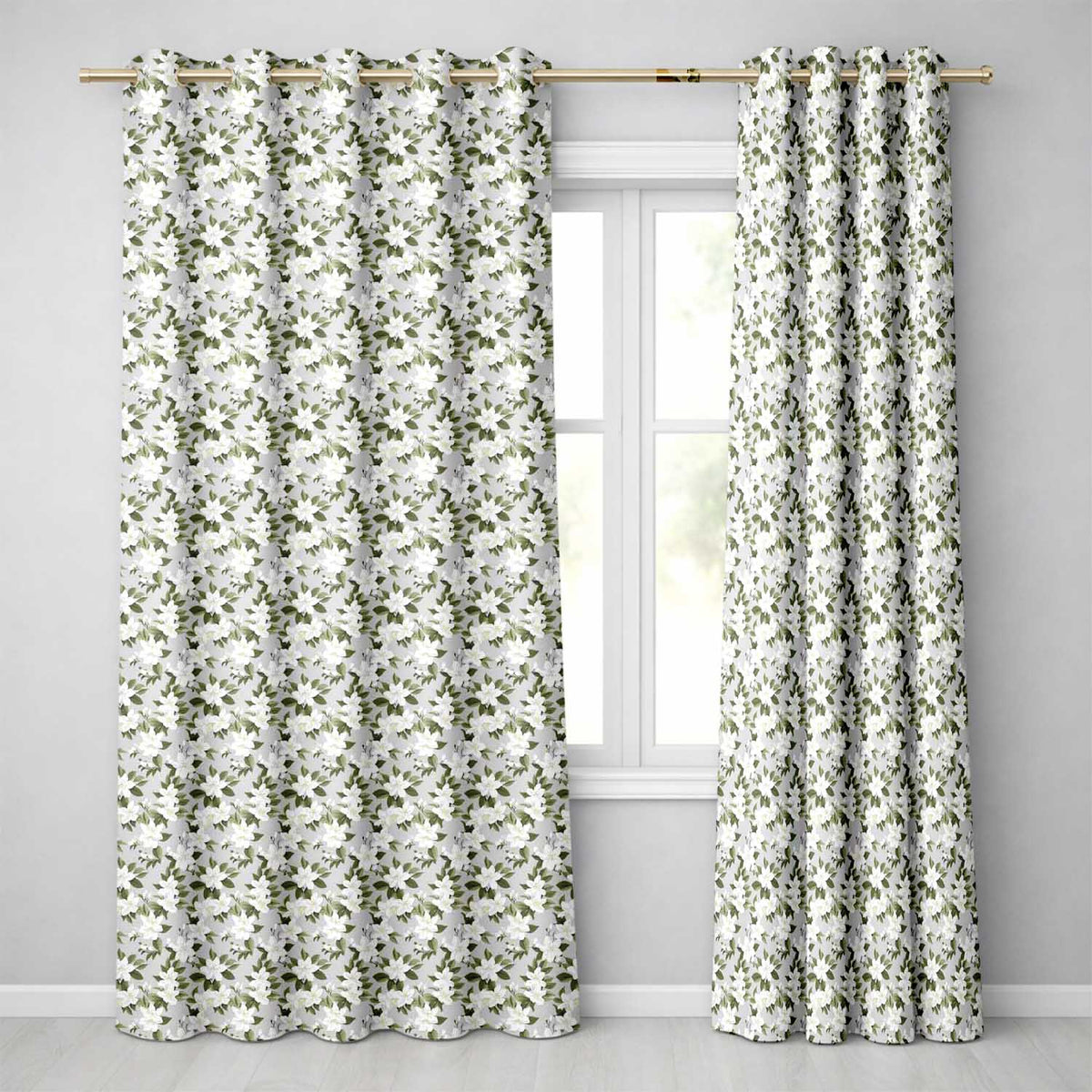 White Jasmine Flowers on Sage Green Seamless Pattern Delicate Botanical Design Readymade Eyelet Ring Top Thermal 100% Blackout Curtains