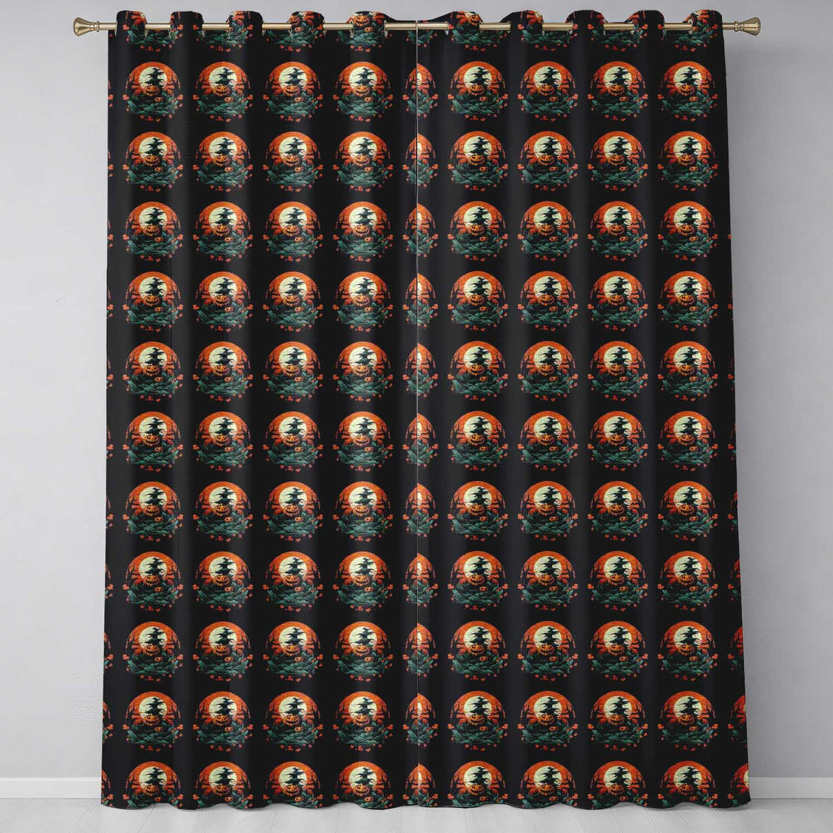 Haunted Pumpkin Landscape with Moon and Trees Seamless Pattern Readymade Eyelet Ring Top Thermal 100% Blackout Curtains