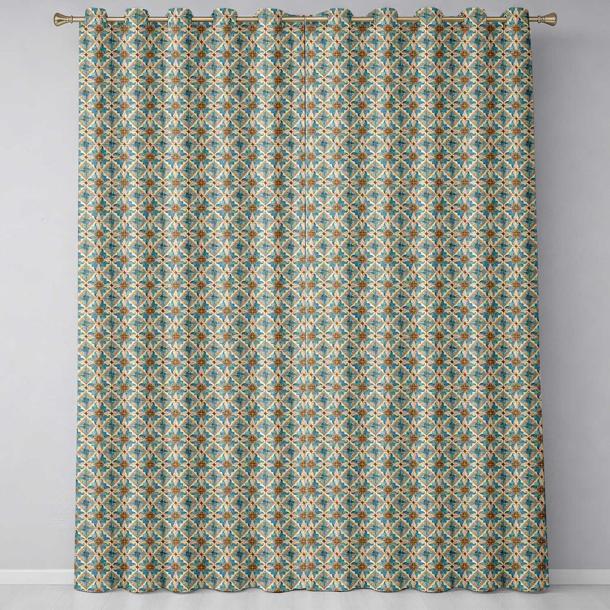 Blue Floral Ceramic Tile Pattern Vintage Style Seamless Design Readymade Eyelet Ring Top Thermal 100% Blackout Curtains