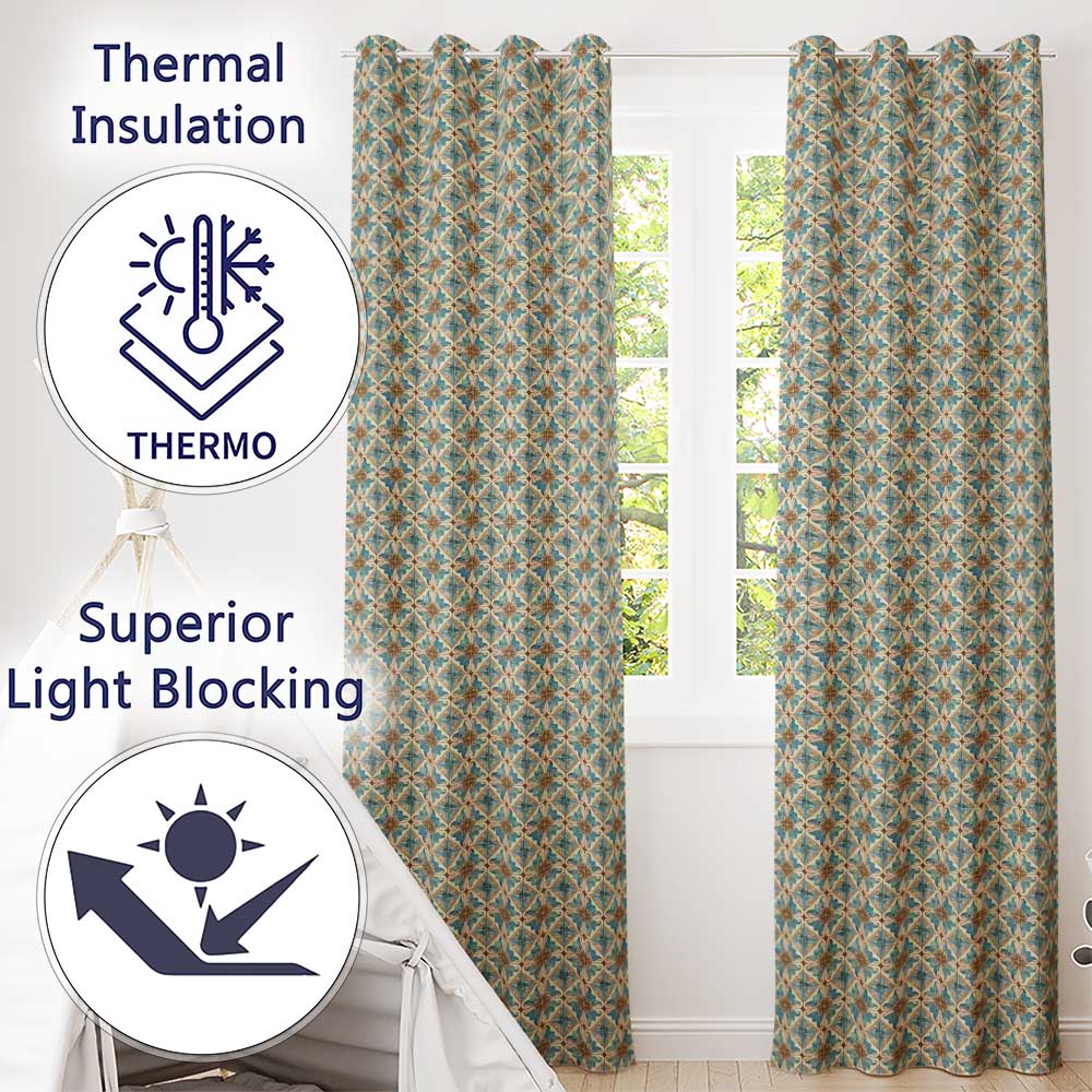 Blue Floral Ceramic Tile Pattern Vintage Style Seamless Design Readymade Eyelet Ring Top Thermal 100% Blackout Curtains
