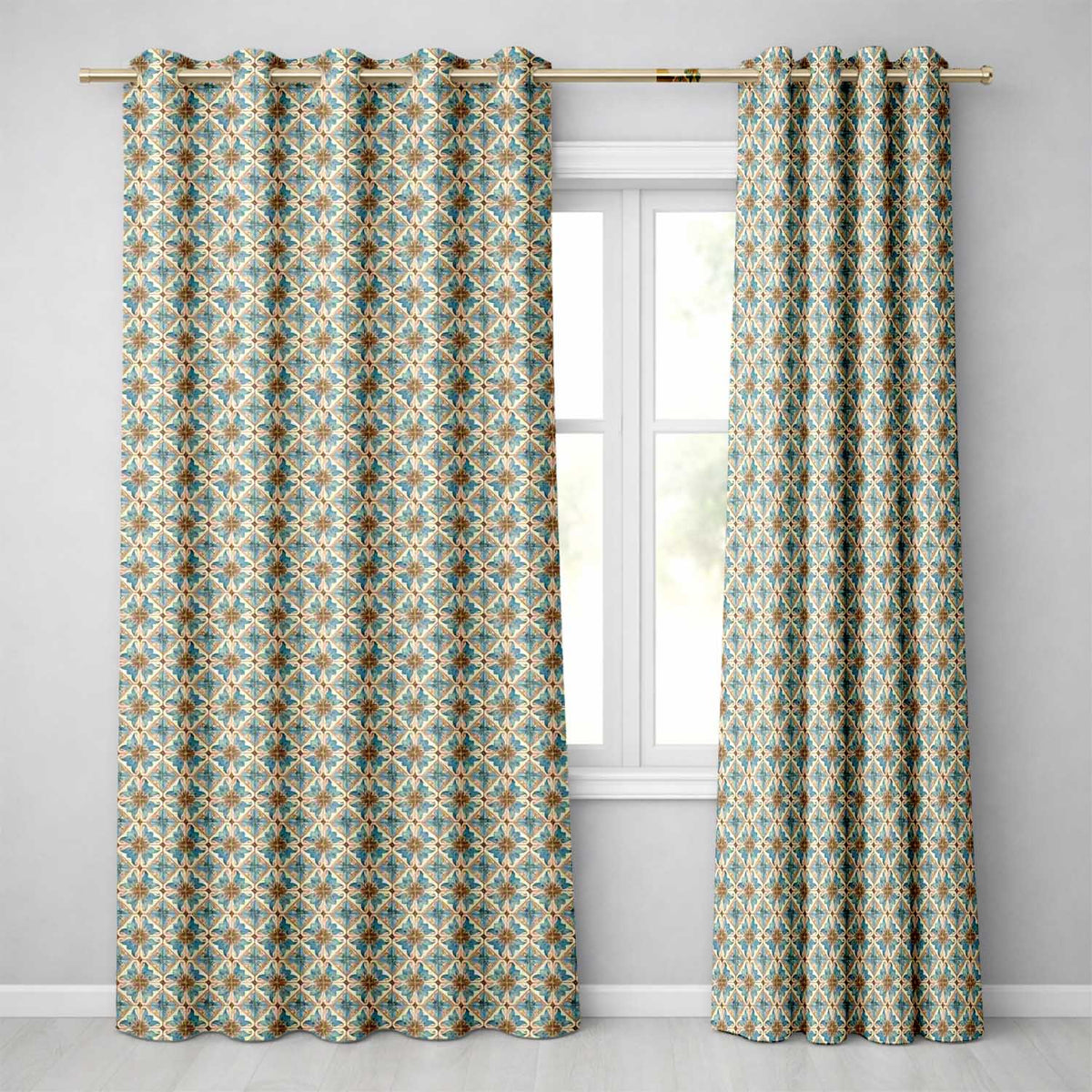 Blue Floral Ceramic Tile Pattern Vintage Style Seamless Design Readymade Eyelet Ring Top Thermal 100% Blackout Curtains
