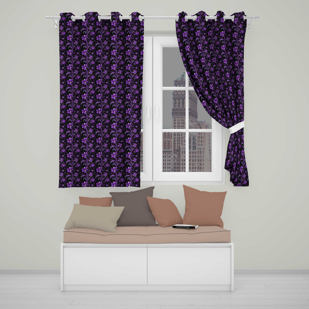 Elegant Purple Floral Swirl Pattern on Black Background Seamless Readymade Eyelet Ring Top Thermal 100% Blackout Curtains