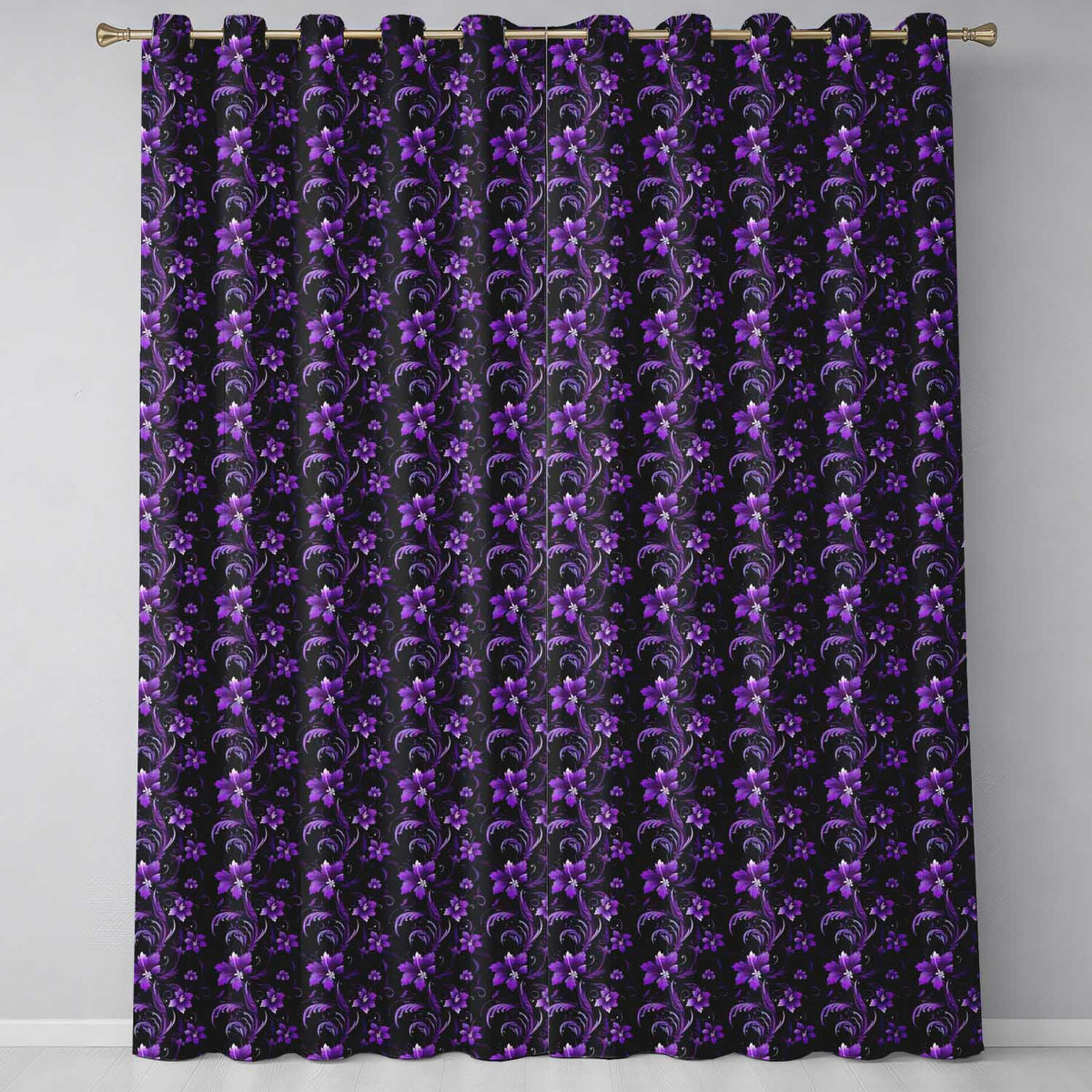 Elegant Purple Floral Swirl Pattern on Black Background Seamless Readymade Eyelet Ring Top Thermal 100% Blackout Curtains