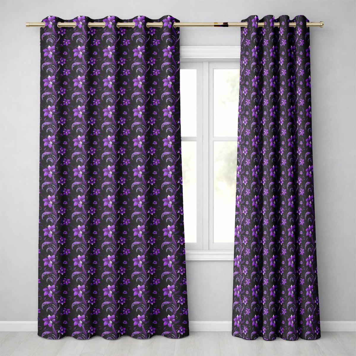 Elegant Purple Floral Swirl Pattern on Black Background Seamless Readymade Eyelet Ring Top Thermal 100% Blackout Curtains