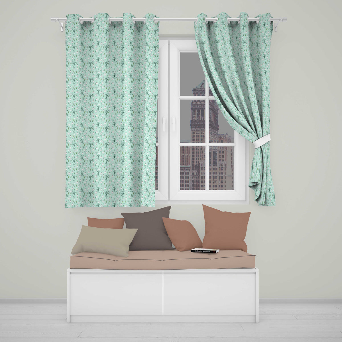 Small Snowdrop Flowers on Light Blue Polka Dot Background Seamless Pattern Readymade Eyelet Ring Top Thermal 100% Blackout Curtains