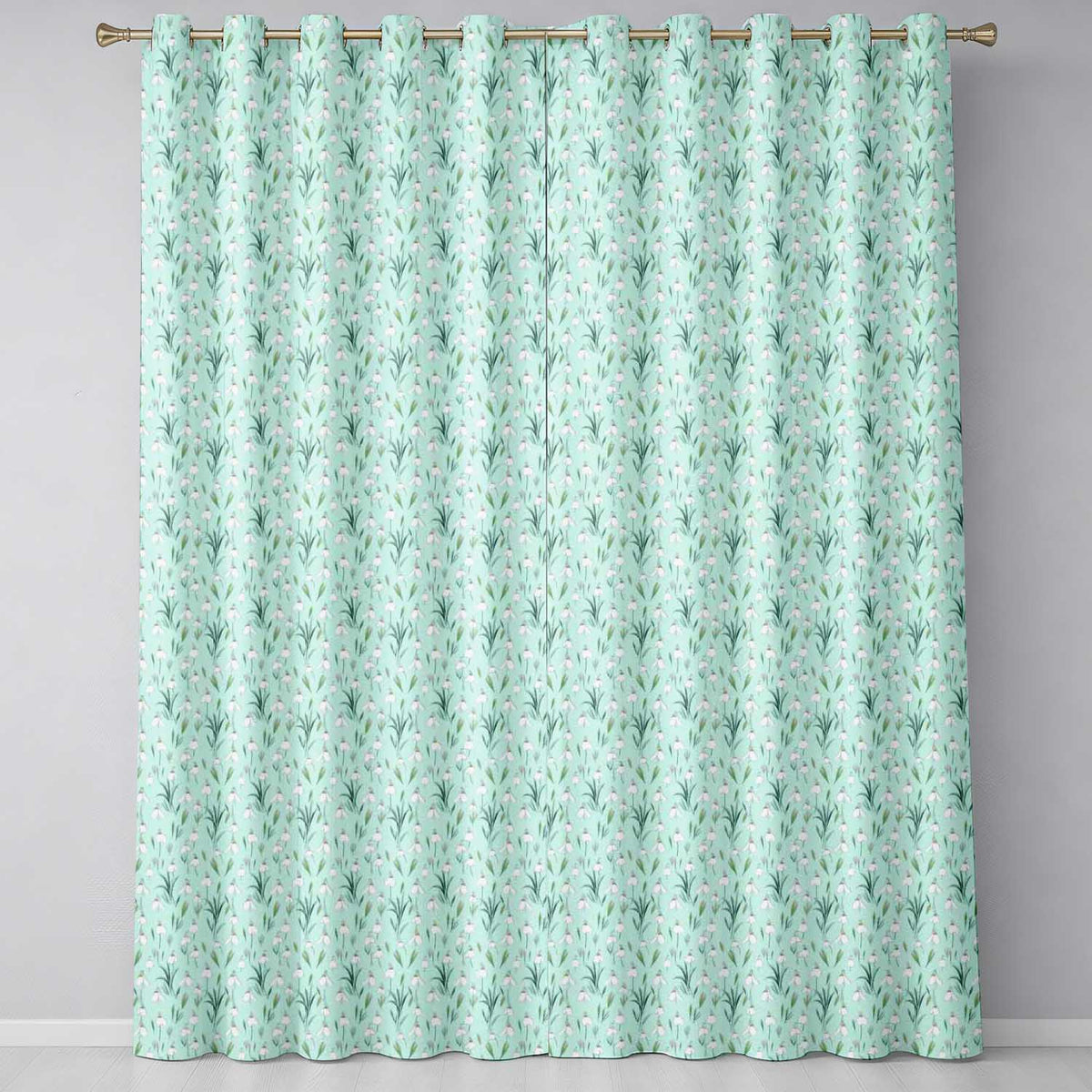 Small Snowdrop Flowers on Light Blue Polka Dot Background Seamless Pattern Readymade Eyelet Ring Top Thermal 100% Blackout Curtains