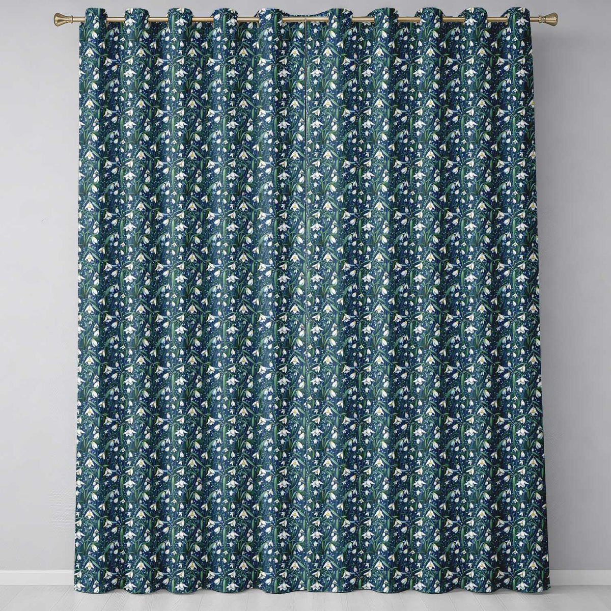 Dense Snowdrop Flower Meadow on Dark Blue Background Seamless Pattern Readymade Eyelet Ring Top Thermal 100% Blackout Curtains