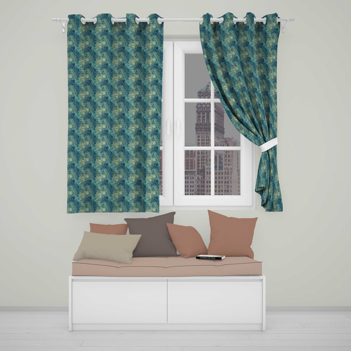 Teal Watercolor Spider Web Pattern with Abstract Texture Seamless Design Readymade Eyelet Ring Top Thermal 100% Blackout Curtains
