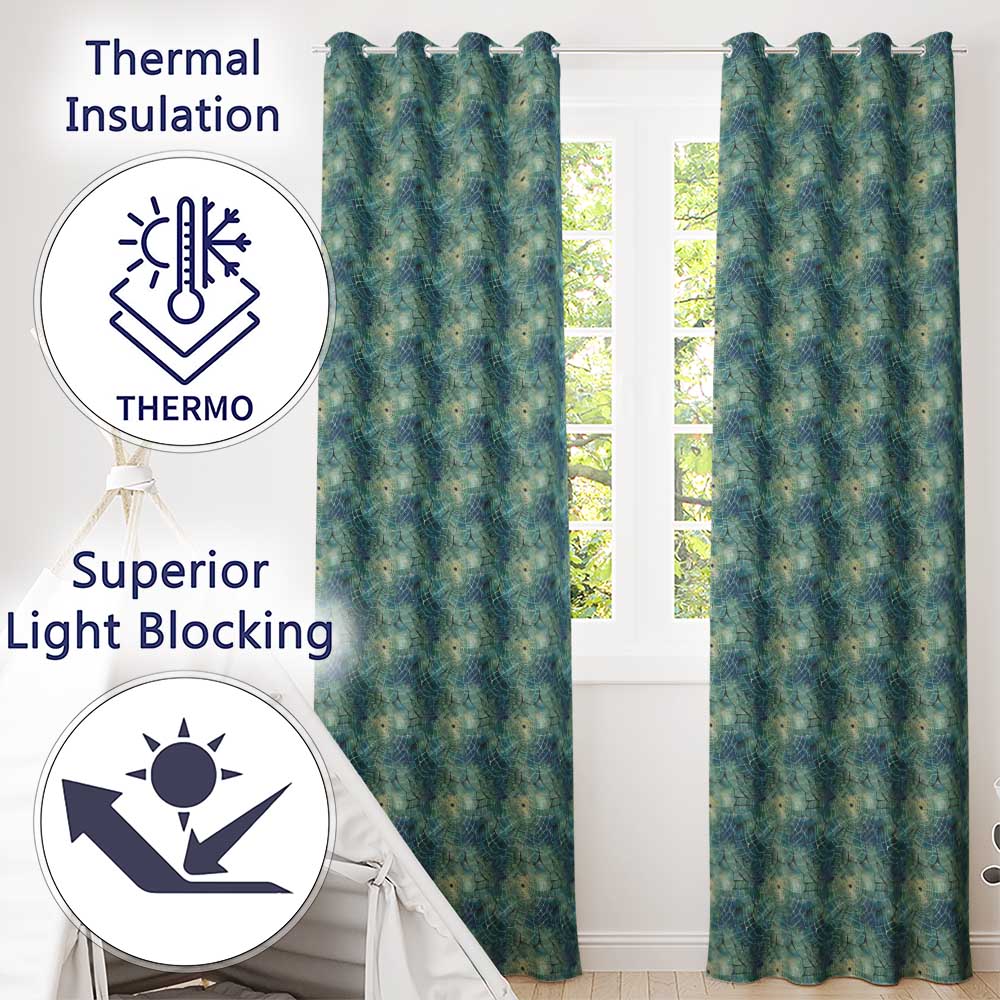 Teal Watercolor Spider Web Pattern with Abstract Texture Seamless Design Readymade Eyelet Ring Top Thermal 100% Blackout Curtains