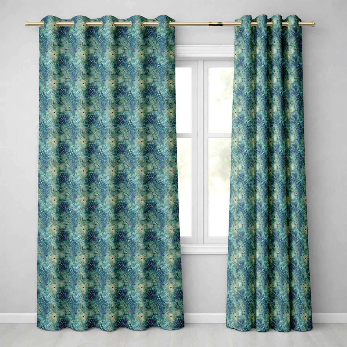 Teal Watercolor Spider Web Pattern with Abstract Texture Seamless Design Readymade Eyelet Ring Top Thermal 100% Blackout Curtains