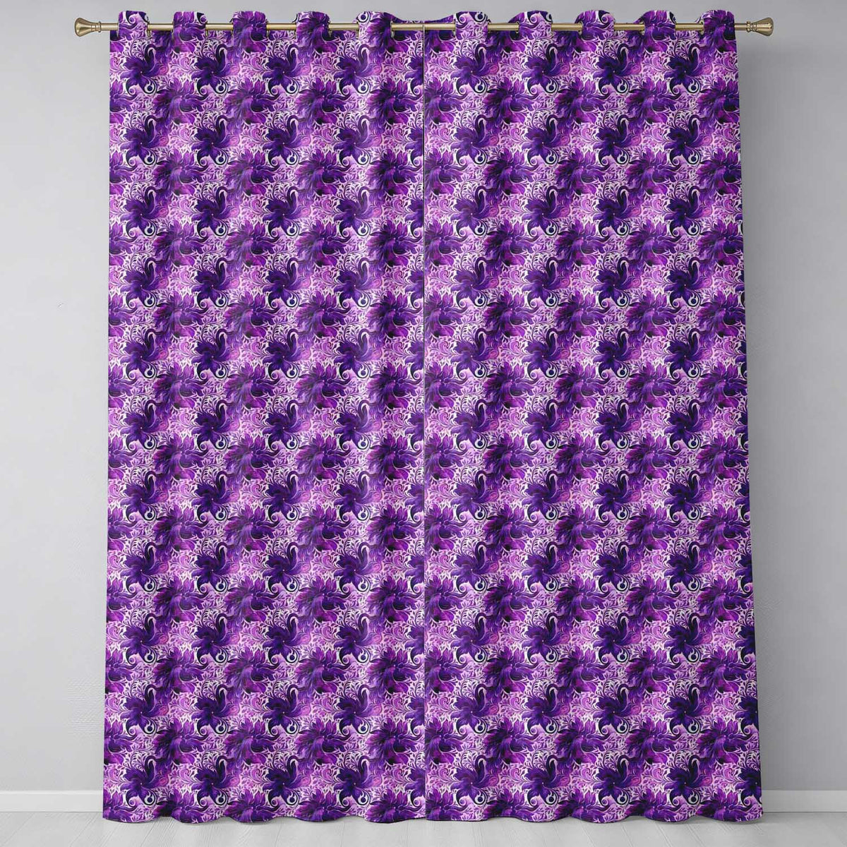 Elegant Purple Floral Vine Pattern on Light Background Seamless Design Readymade Eyelet Ring Top Thermal 100% Blackout Curtains