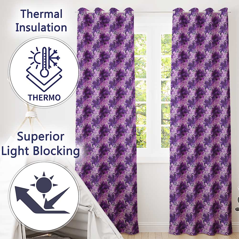 Elegant Purple Floral Vine Pattern on Light Background Seamless Design Readymade Eyelet Ring Top Thermal 100% Blackout Curtains