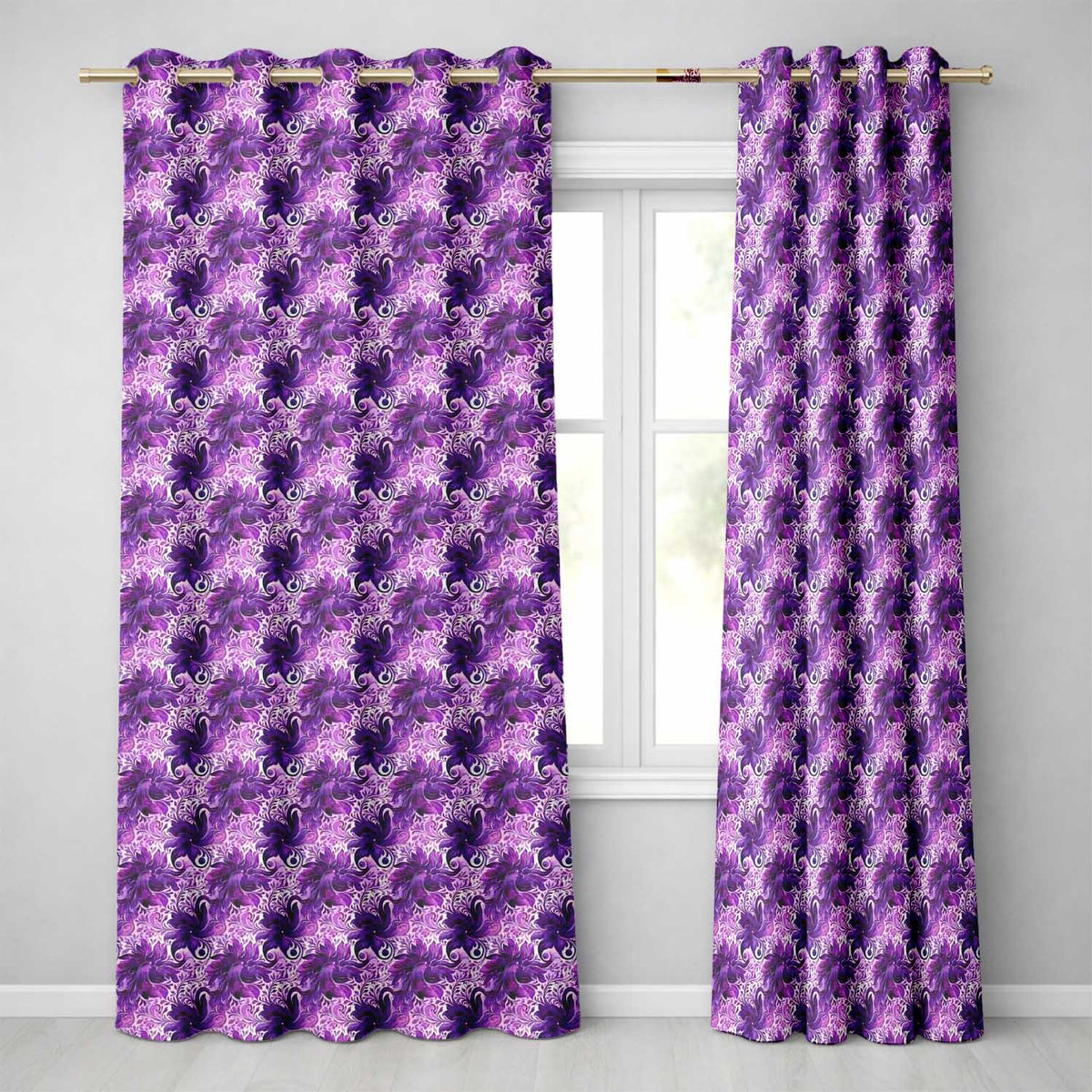 Elegant Purple Floral Vine Pattern on Light Background Seamless Design Readymade Eyelet Ring Top Thermal 100% Blackout Curtains