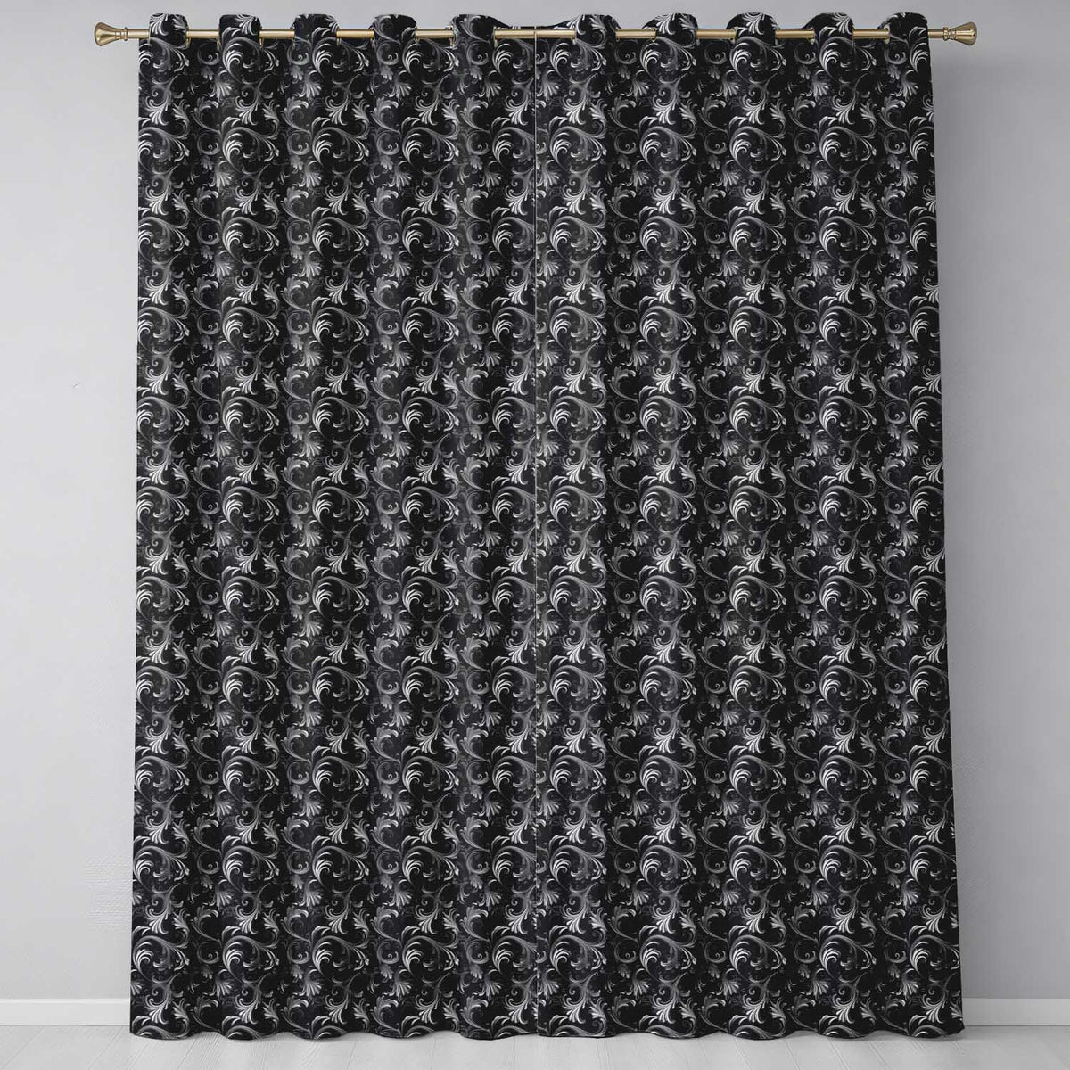 Silver and Black Luxury Baroque Floral Pattern Seamless Elegant Design Readymade Eyelet Ring Top Thermal 100% Blackout Curtains