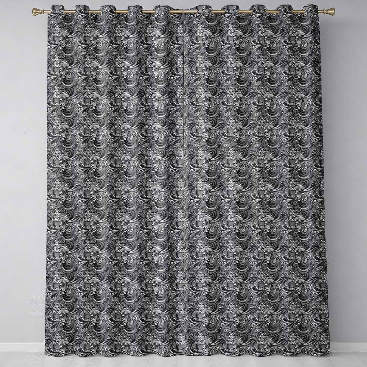 Silver Metallic Ornamental Floral Swirl Seamless Pattern Readymade Eyelet Ring Top Thermal 100% Blackout Curtains
