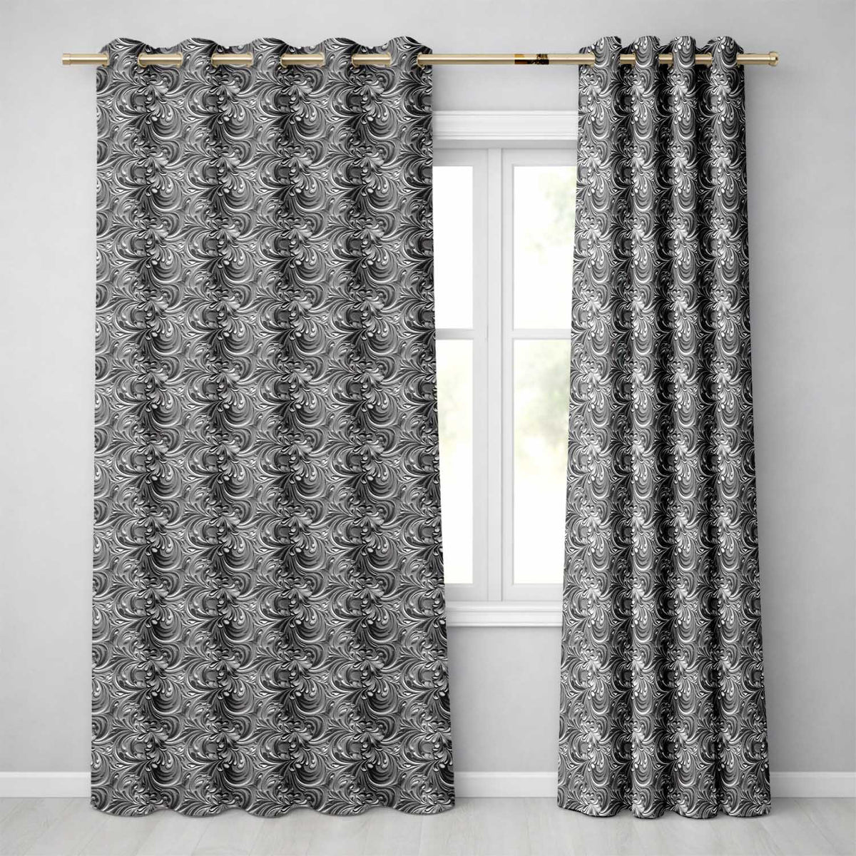 Silver Metallic Ornamental Floral Swirl Seamless Pattern Readymade Eyelet Ring Top Thermal 100% Blackout Curtains