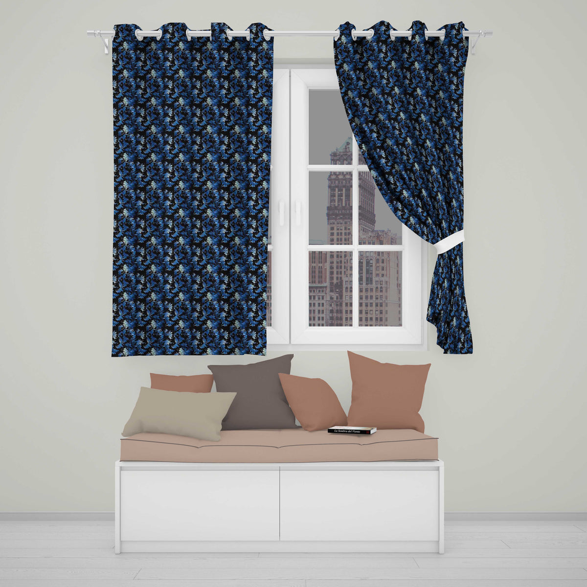 Dark Blue Floral Ornamental Seamless Pattern on Black Background Readymade Eyelet Ring Top Thermal 100% Blackout Curtains