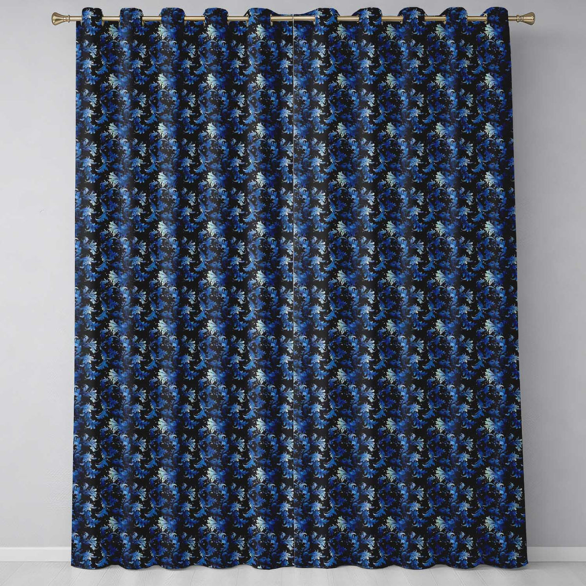Dark Blue Floral Ornamental Seamless Pattern on Black Background Readymade Eyelet Ring Top Thermal 100% Blackout Curtains
