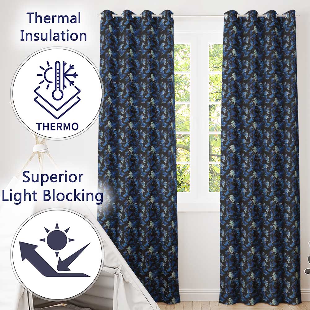 Dark Blue Floral Ornamental Seamless Pattern on Black Background Readymade Eyelet Ring Top Thermal 100% Blackout Curtains