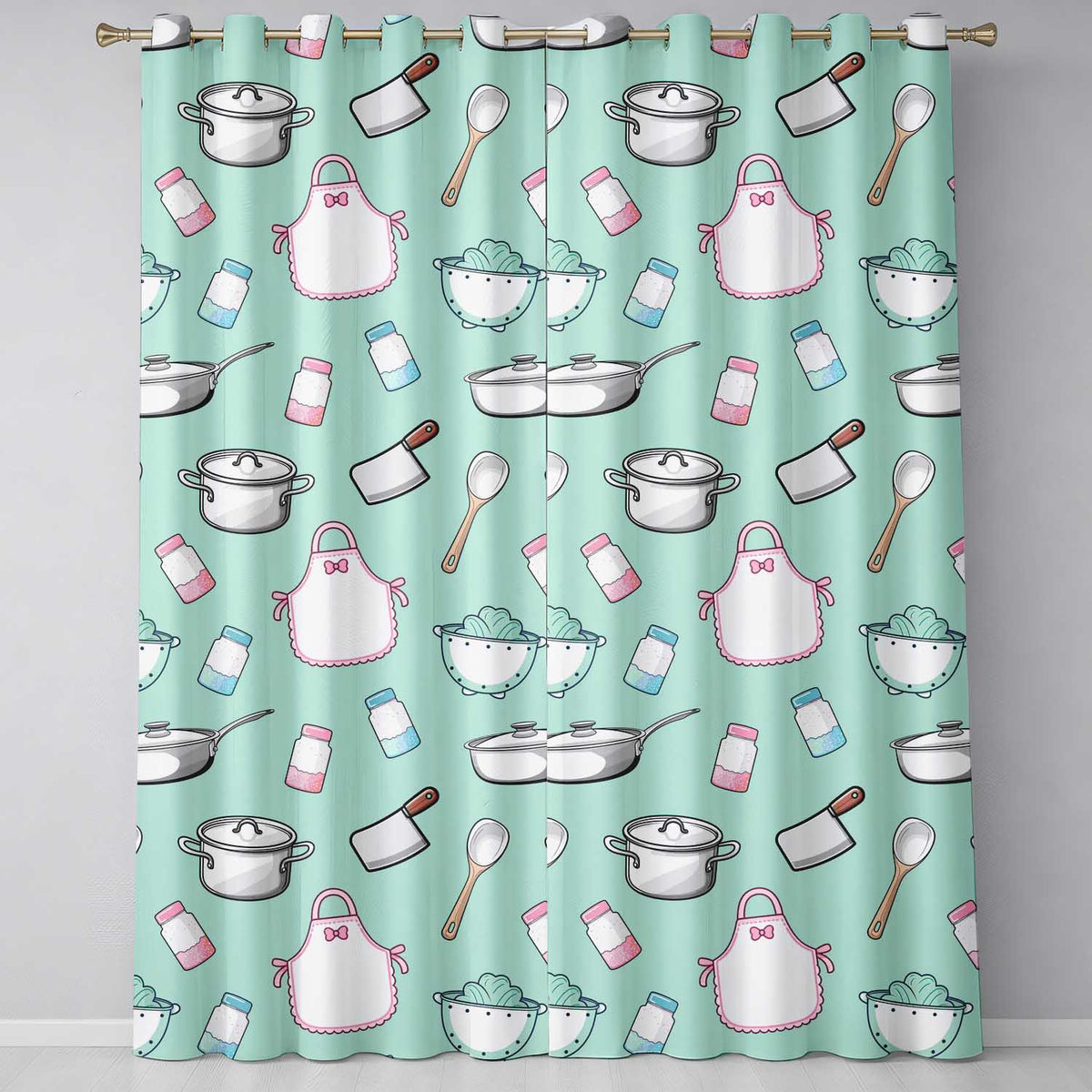 Cute Kitchen Utensils Apron Cooking Teal Seamless Pattern Readymade Eyelet Ring Top Thermal 100% Blackout Curtains