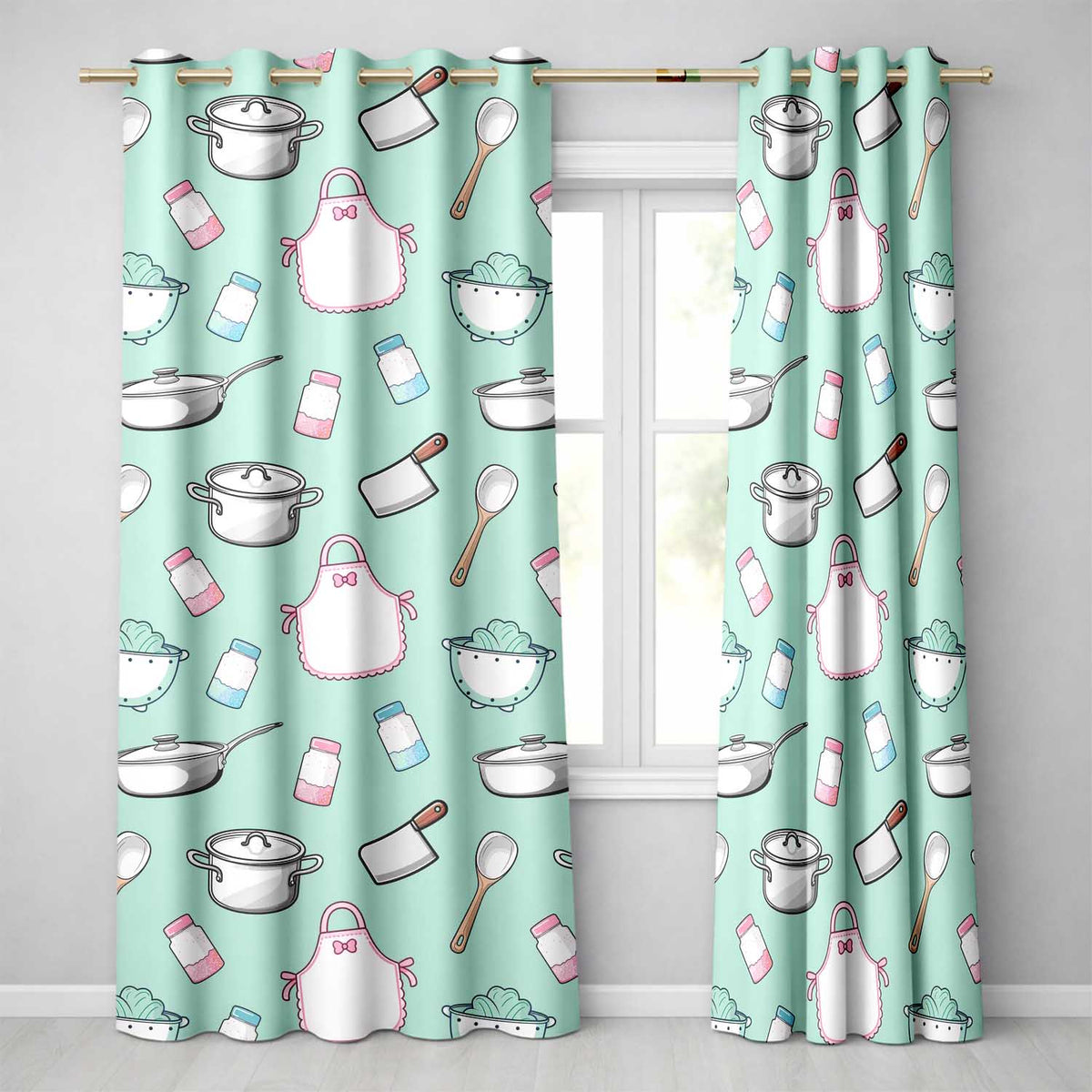 Cute Kitchen Utensils Apron Cooking Teal Seamless Pattern Readymade Eyelet Ring Top Thermal 100% Blackout Curtains