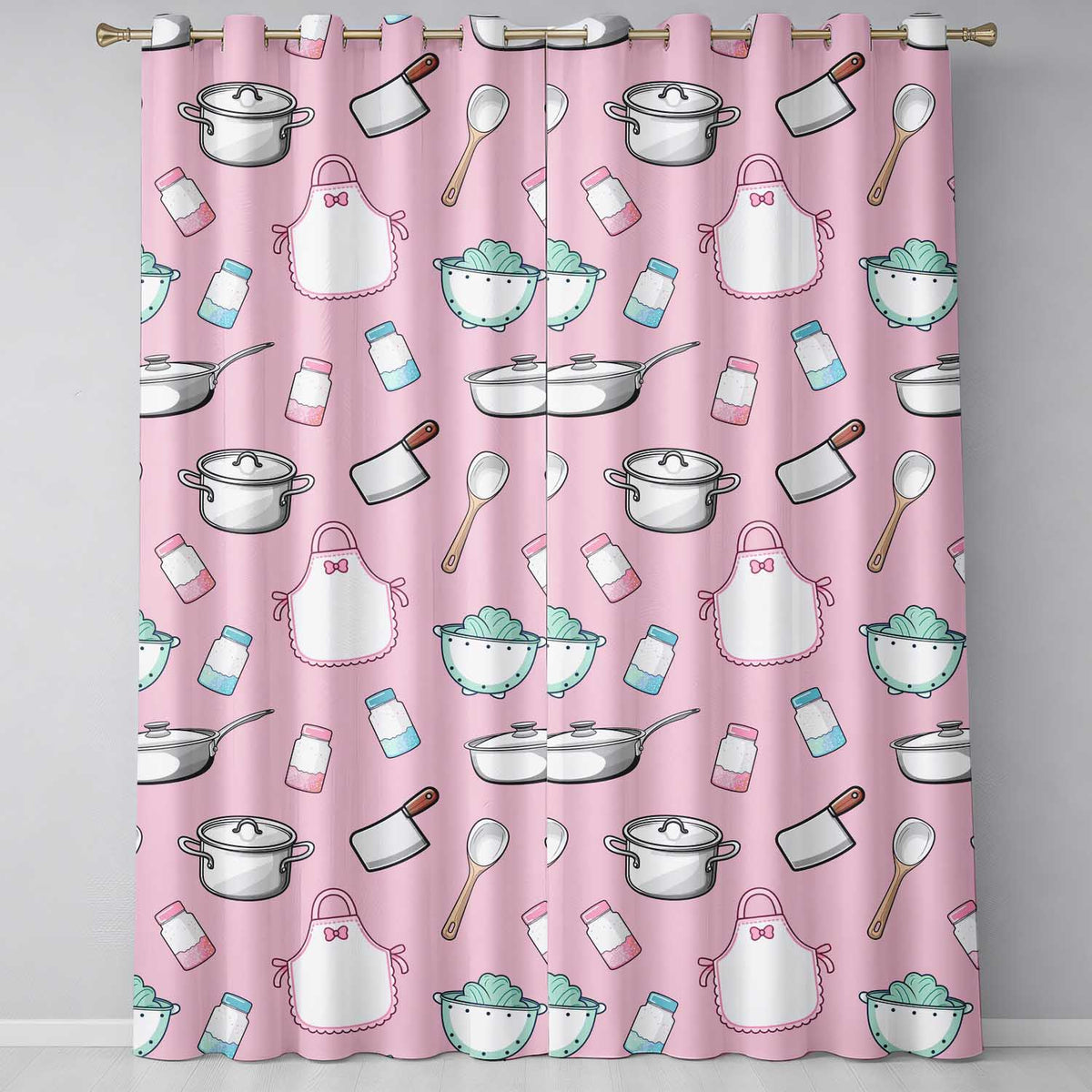 Cute Kitchen Utensils Apron Cooking Soft Pink Seamless Pattern Readymade Eyelet Ring Top Thermal 100% Blackout Curtains