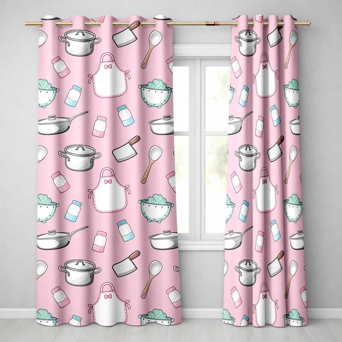Cute Kitchen Utensils Apron Cooking Soft Pink Seamless Pattern Readymade Eyelet Ring Top Thermal 100% Blackout Curtains