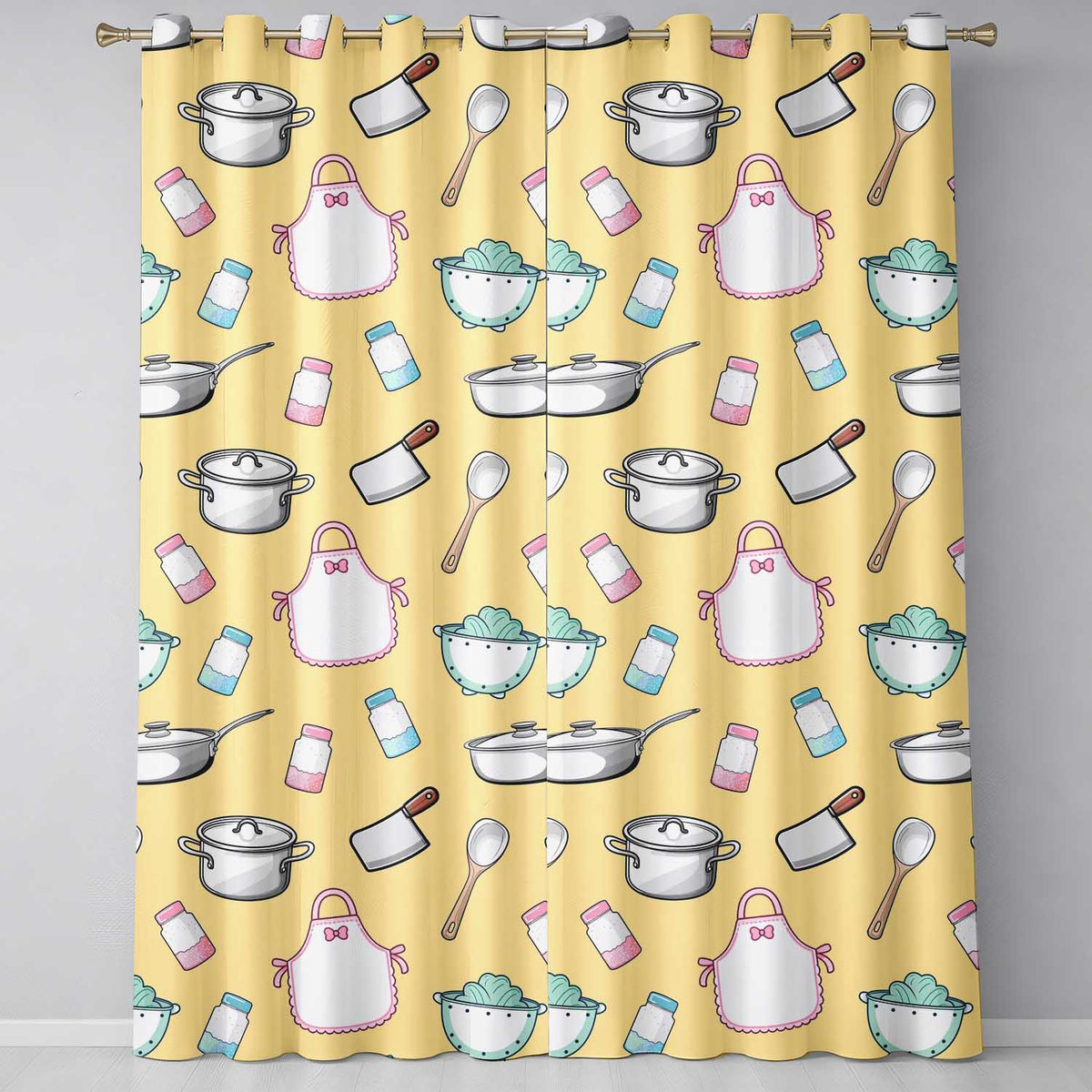 Cute Kitchen Utensils Apron Cooking Yellow Seamless Pattern Readymade Eyelet Ring Top Thermal 100% Blackout Curtains