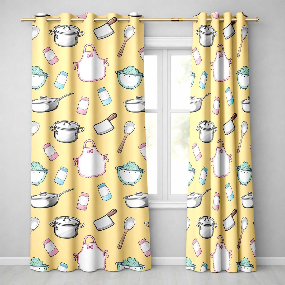 Cute Kitchen Utensils Apron Cooking Yellow Seamless Pattern Readymade Eyelet Ring Top Thermal 100% Blackout Curtains
