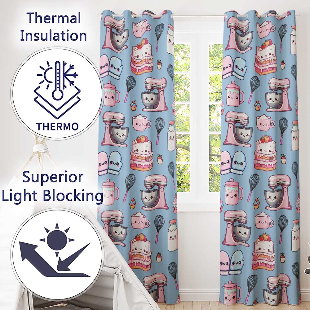 Cute Kawaii Baking Cake Mixer Blue Seamless Pattern Readymade Eyelet Ring Top Thermal 100% Blackout Curtains