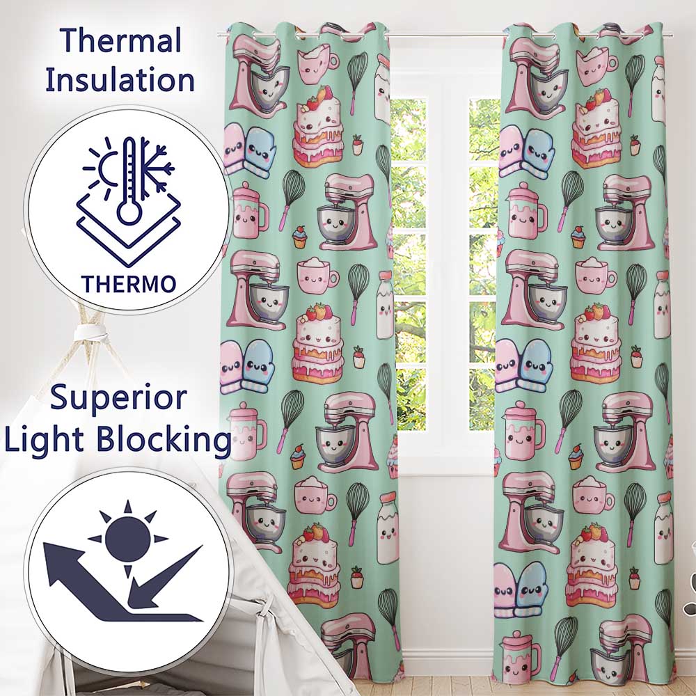 Cute Kawaii Baking Cake Mixer Mint Seamless Pattern Readymade Eyelet Ring Top Thermal 100% Blackout Curtains