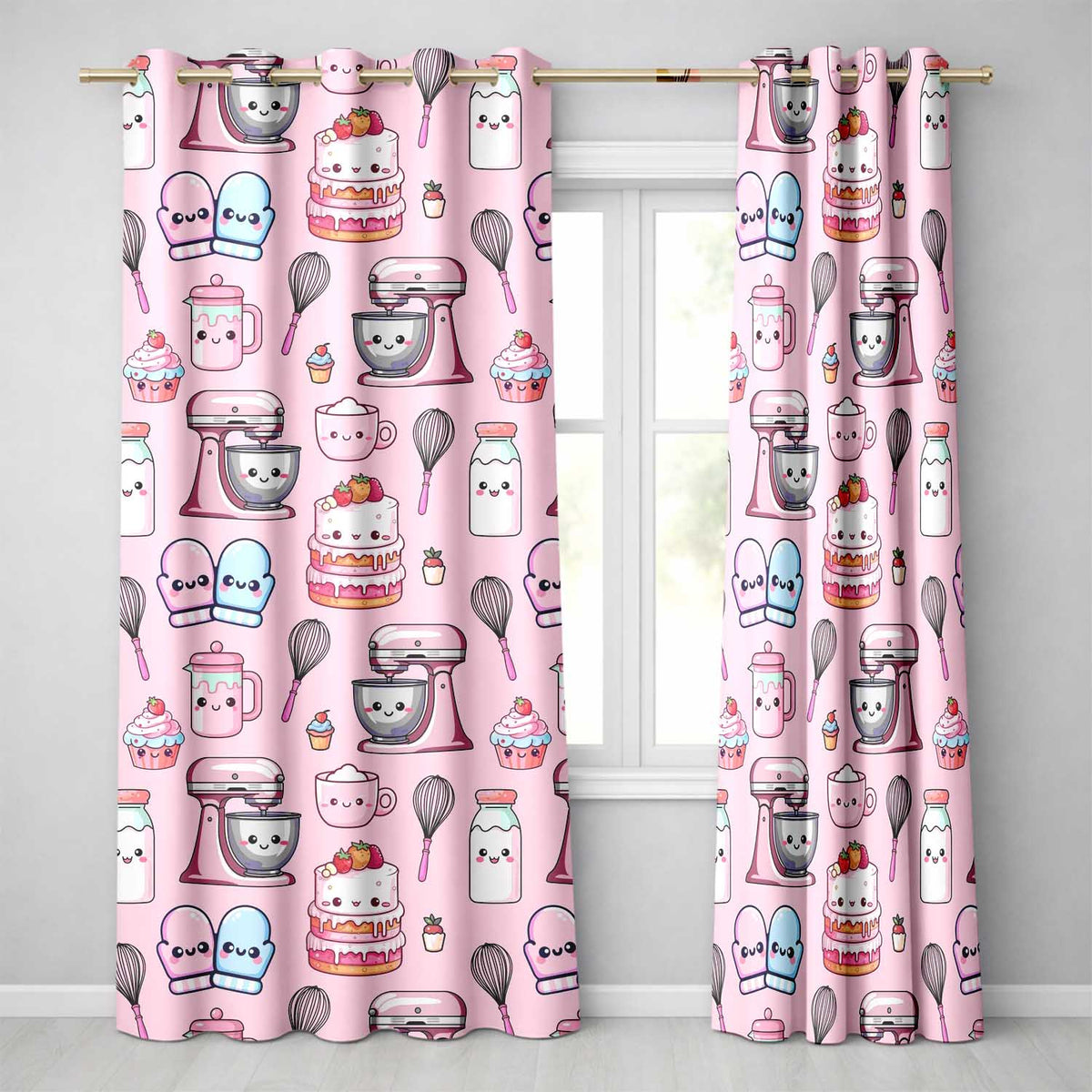 Cute Kawaii Baking Cake Mixer Blush Seamless Pattern Readymade Eyelet Ring Top Thermal 100% Blackout Curtains