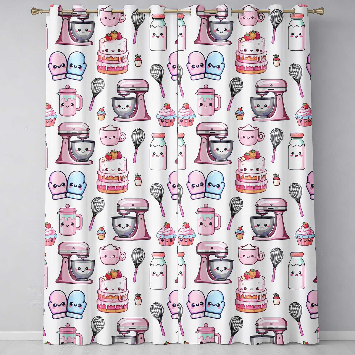 Cute Kawaii Baking Cake Mixer Grey Seamless Pattern Readymade Eyelet Ring Top Thermal 100% Blackout Curtains