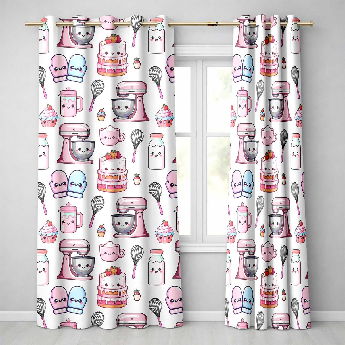 Cute Kawaii Baking Cake Mixer Grey Seamless Pattern Readymade Eyelet Ring Top Thermal 100% Blackout Curtains
