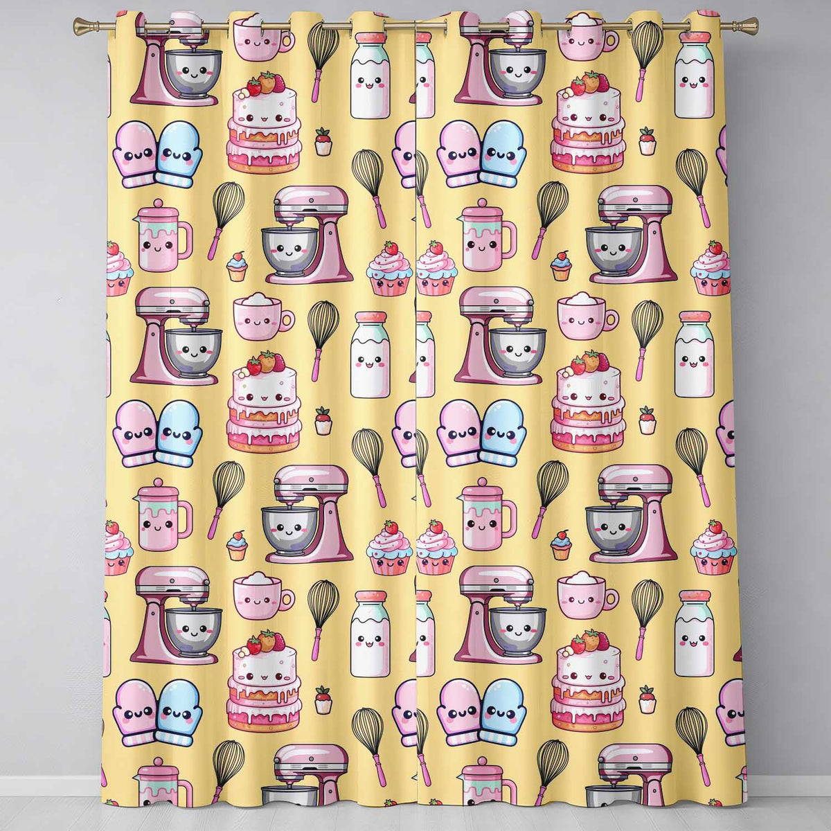 Cute Kawaii Baking Cake Mixer Yellow Seamless Pattern Readymade Eyelet Ring Top Thermal 100% Blackout Curtains