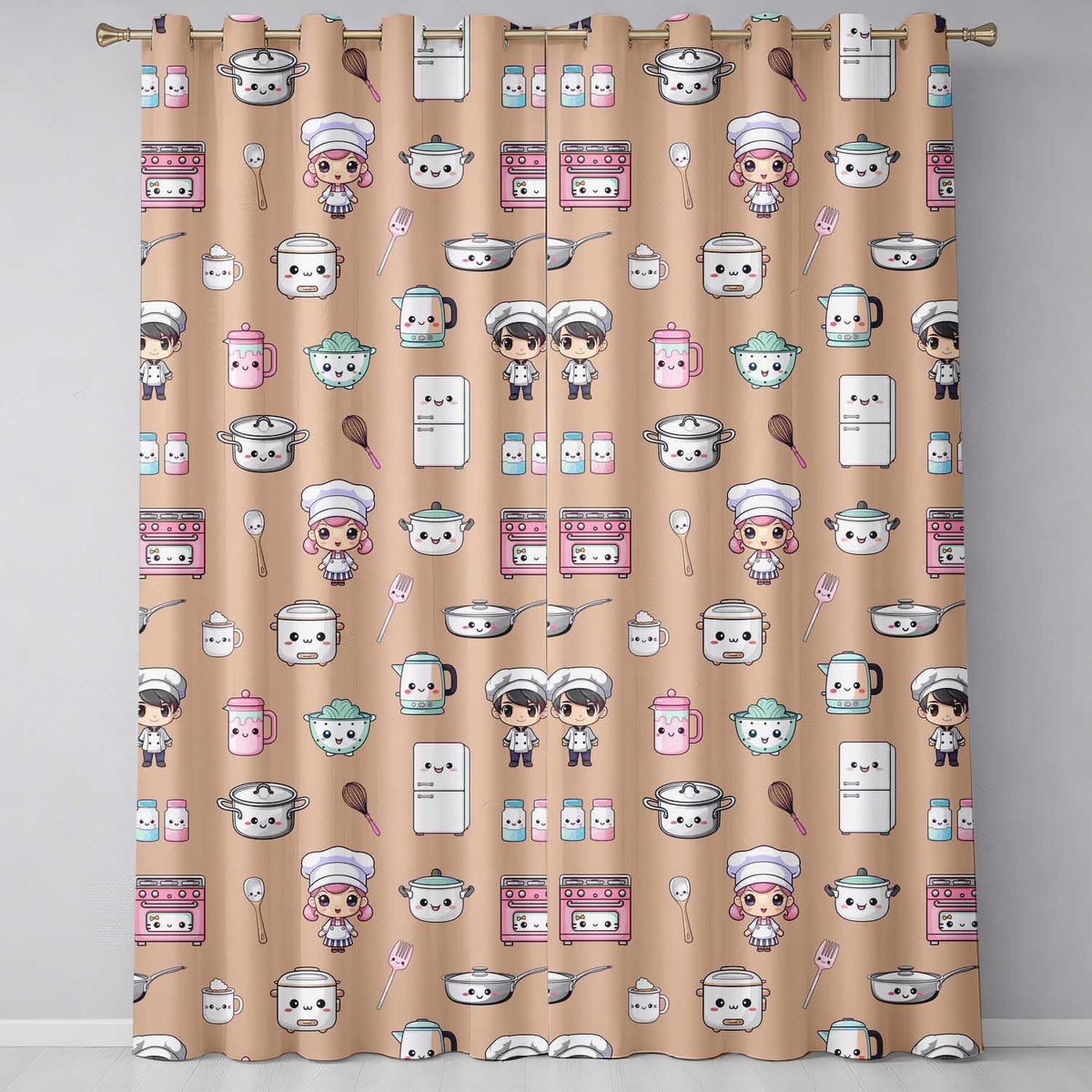 Cute Kawaii Chef Girl Peach Kitchen Utensils Seamless Pattern Readymade Eyelet Ring Top Thermal 100% Blackout Curtains